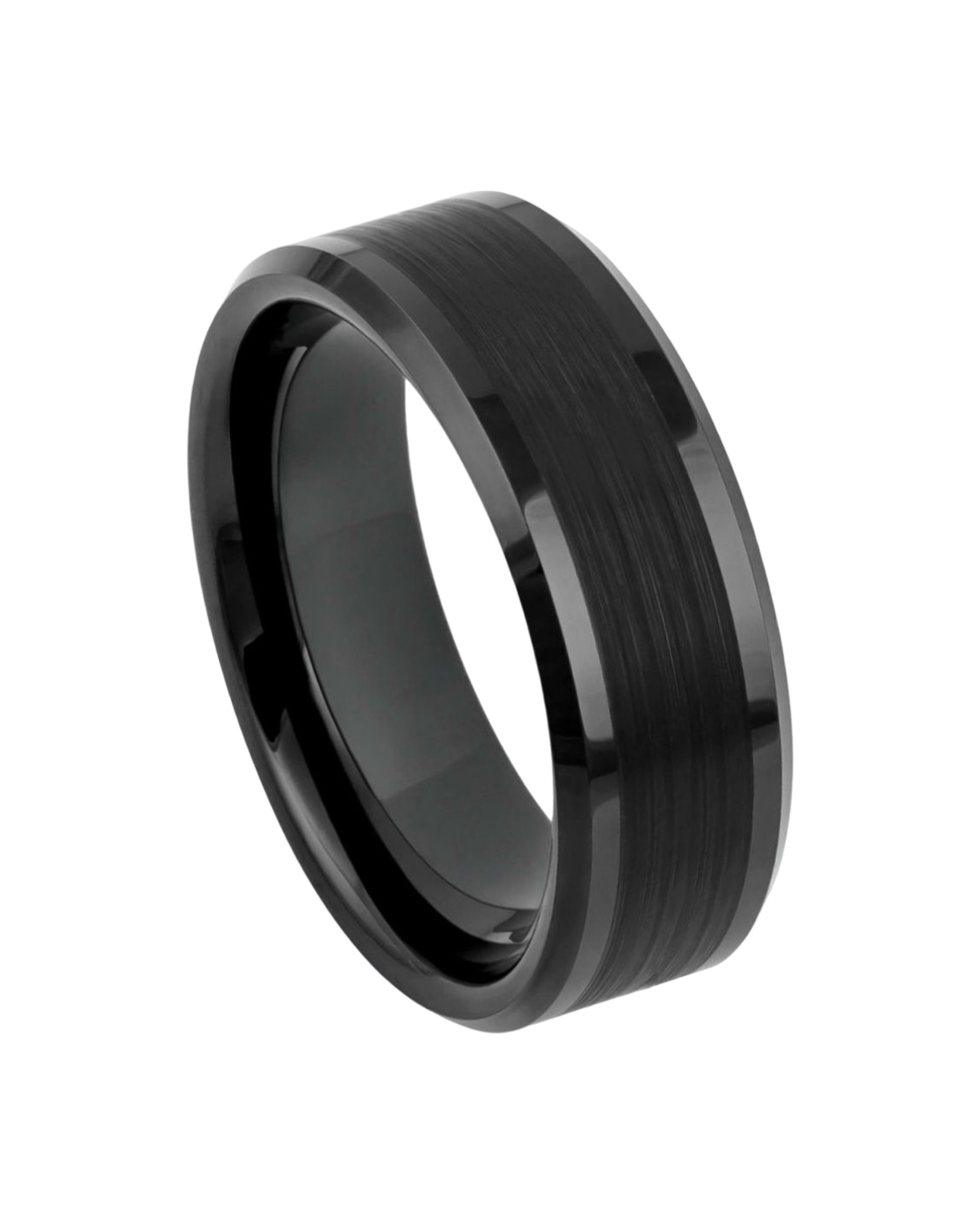 Tungsten Ring Black IP Plated Brushed Center Shiny Lines on each side Beveled Edge – 8mm