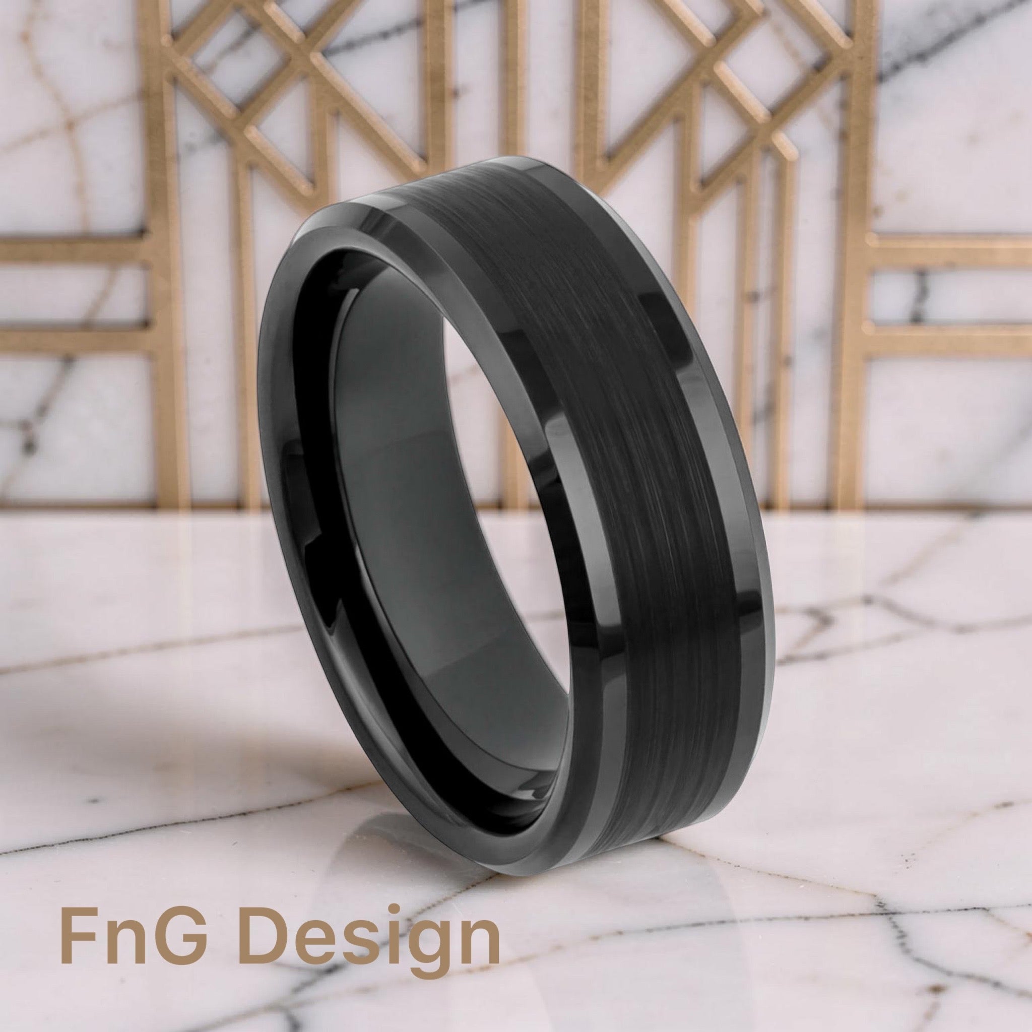 Tungsten Ring Black IP Plated Brushed Center Shiny Lines on each side Beveled Edge – 8mm