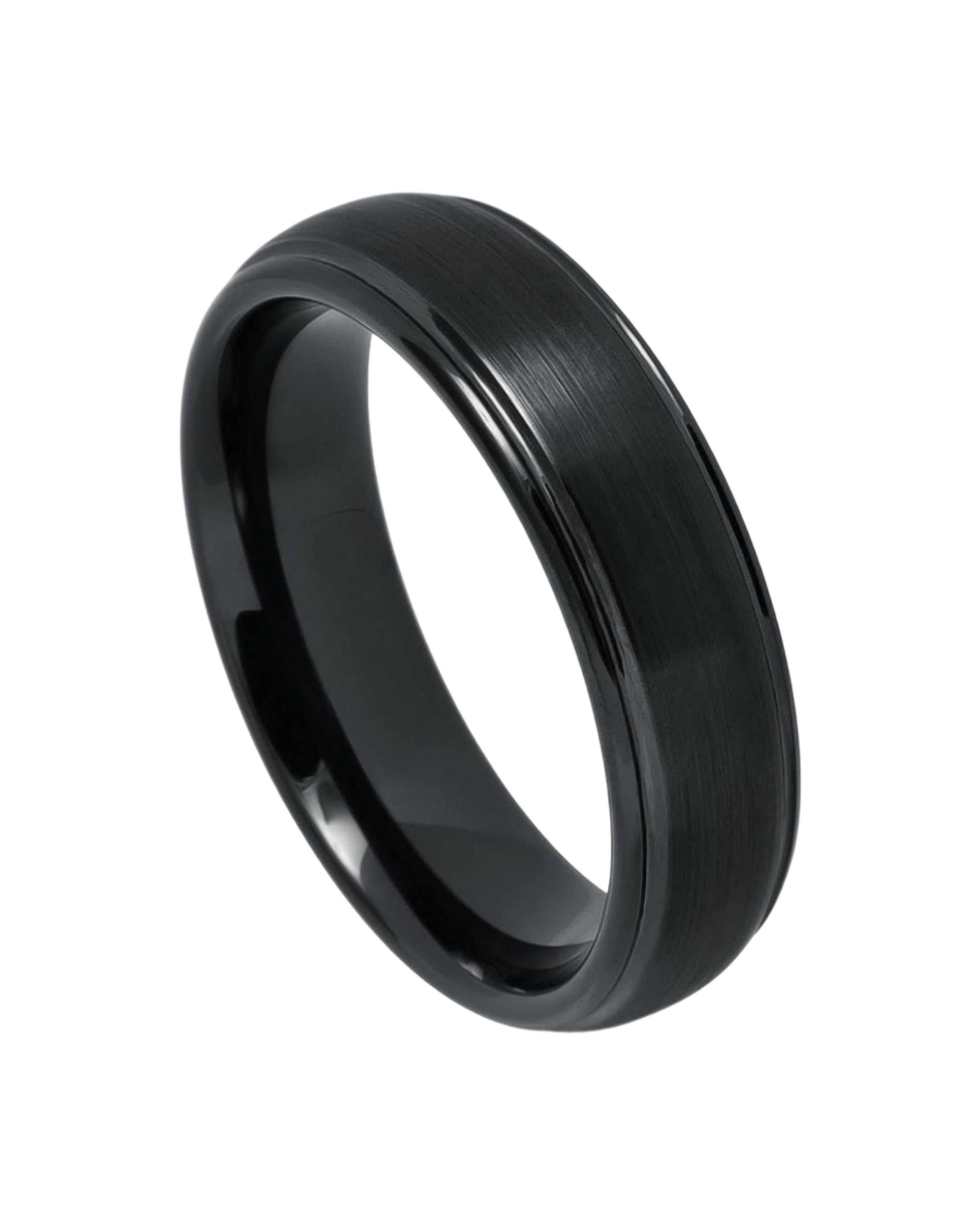 Tungsten Ring Domed Black IP Plated Brushed Center High Polished Grooved Edge – 6mm