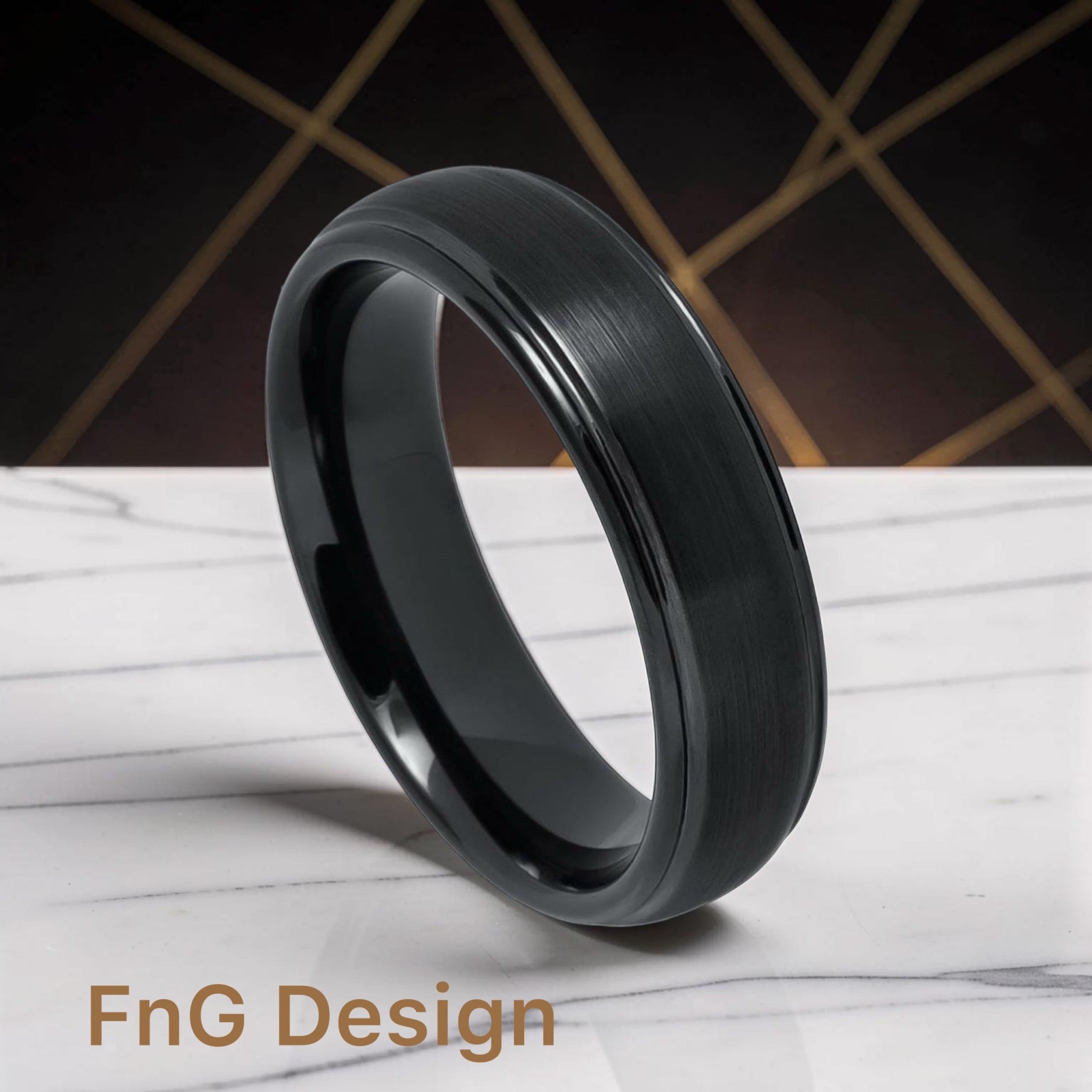 Tungsten Ring Domed Black IP Plated Brushed Center High Polished Grooved Edge – 6mm