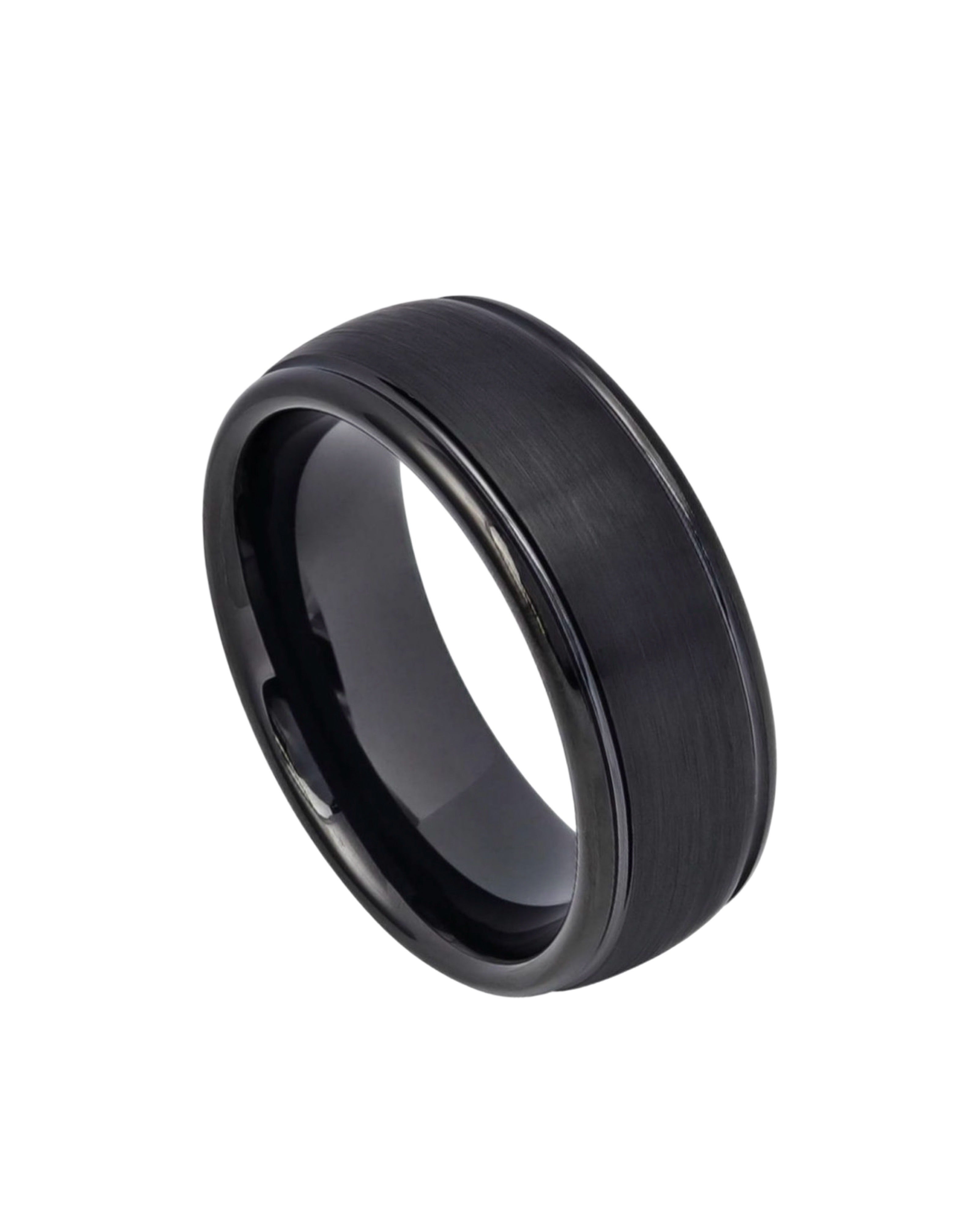 Tungsten Ring Domed Black IP Plated Brushed Center High Polished Grooved Edge – 8mm