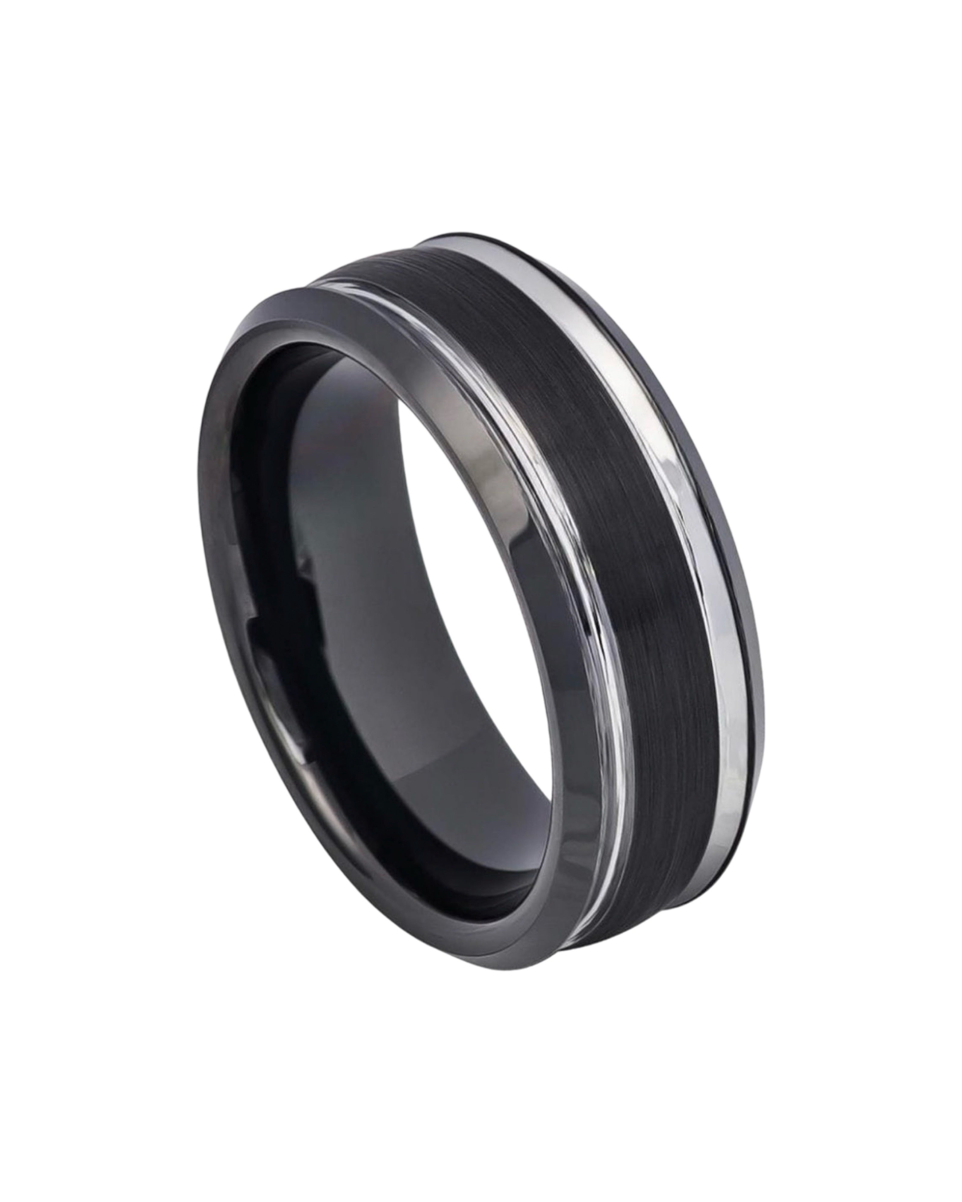 Tungsten Ring Two-tone Black IP Brushed Center Steel Color Stepped Edge – 8mm