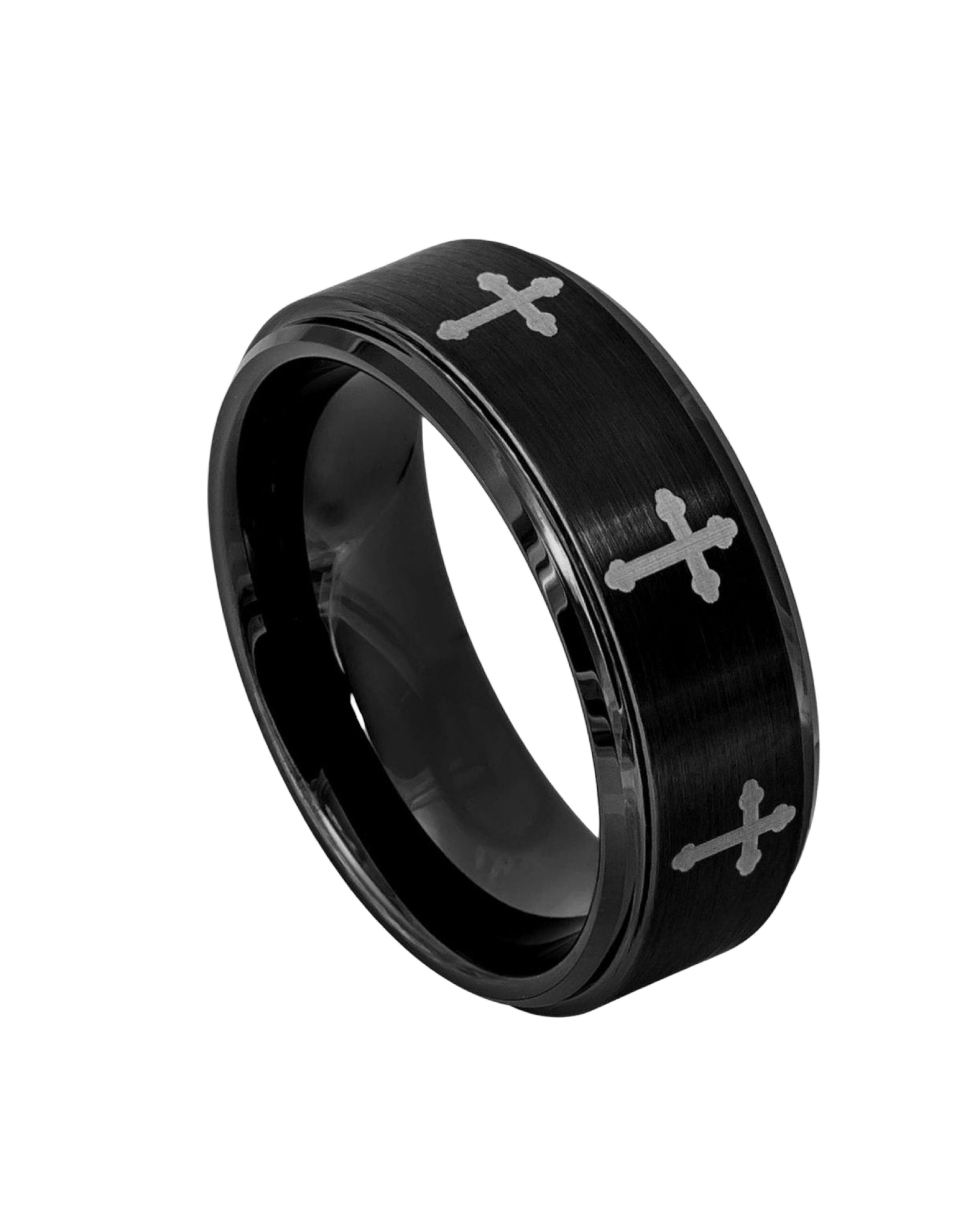 Tungsten Ring Black IP Plated Flat Brushed Center with 8 Laser Engraved Crosses – 8mm