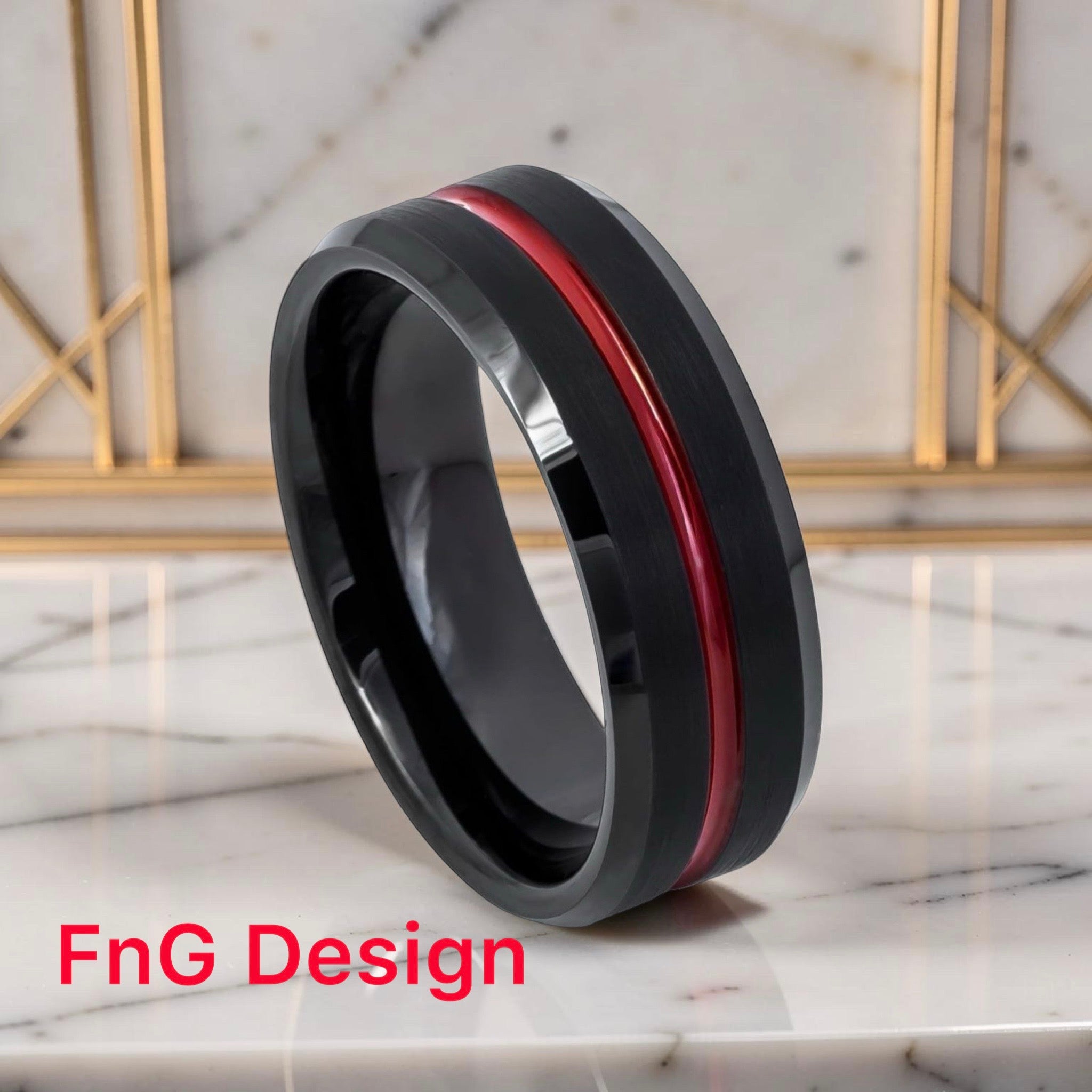 Tungsten Ring Red IP Plated Shiny Grooved Center, Black Brushed Beveled Edge – 8mm