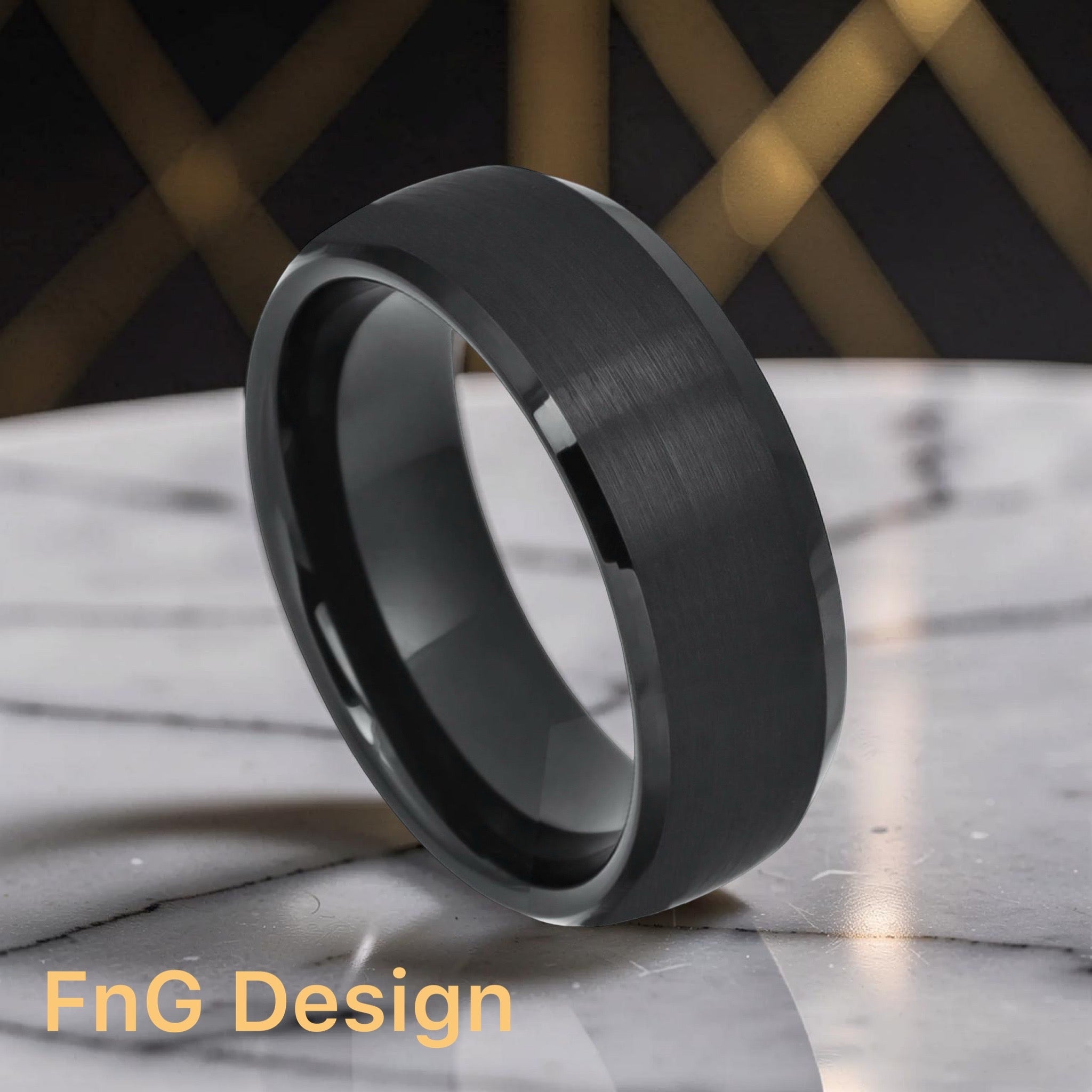 Tungsten Ring Black IP Plated Domed Brushed Center High Polished Beveled Edge – 8mm