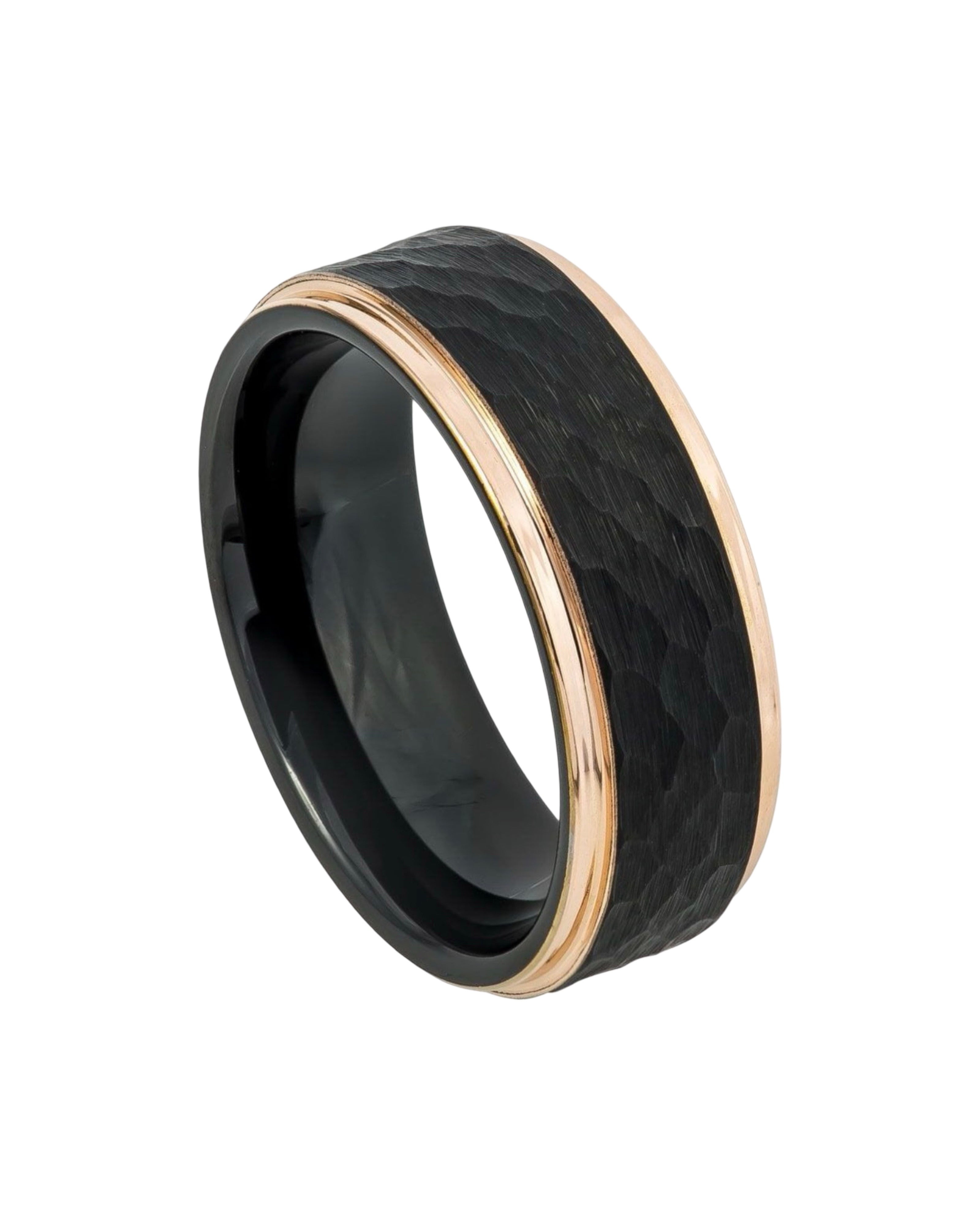 Tungsten Ring Two-Tone Black & Rose Gold IP Plated Hammered Center Stepped Edge- 8mm
