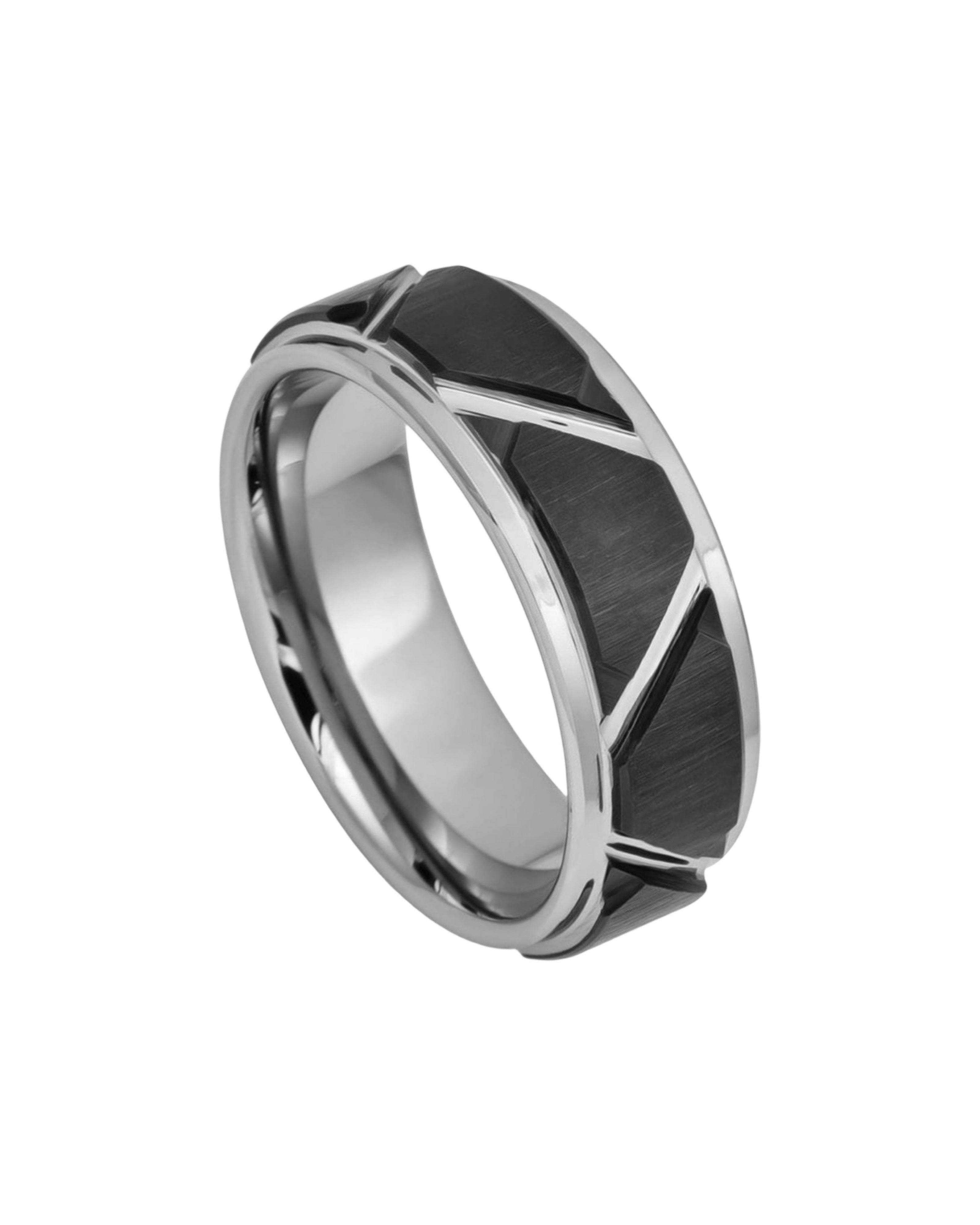 Tungsten Ring Two-tone Brushed Black IP Plated Trapezoids High Polished Outlines – 8mm
