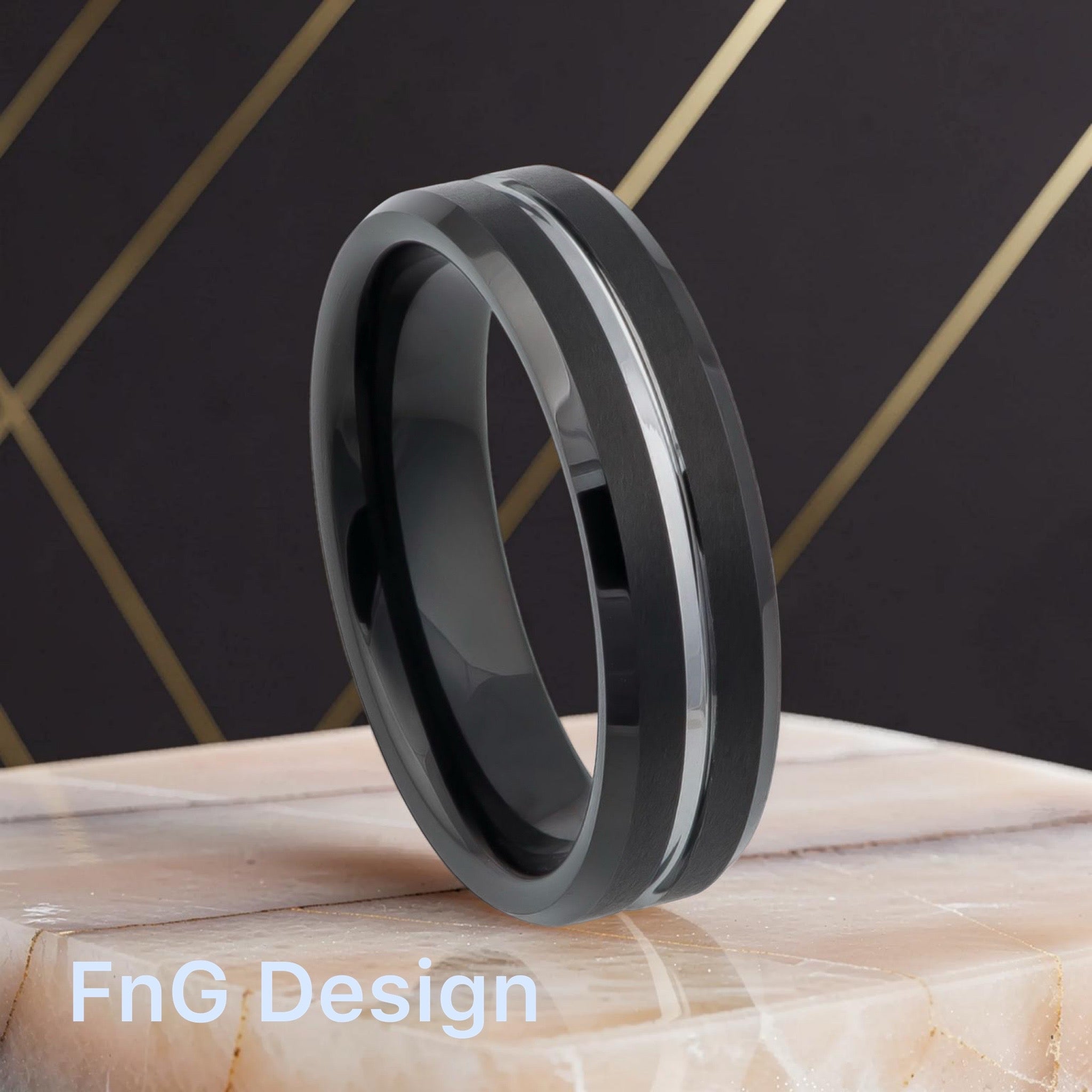 Tungsten Ring Two-tone Black IP Brushed with Steel Color Grooved Center Beveled Edge – 6mm