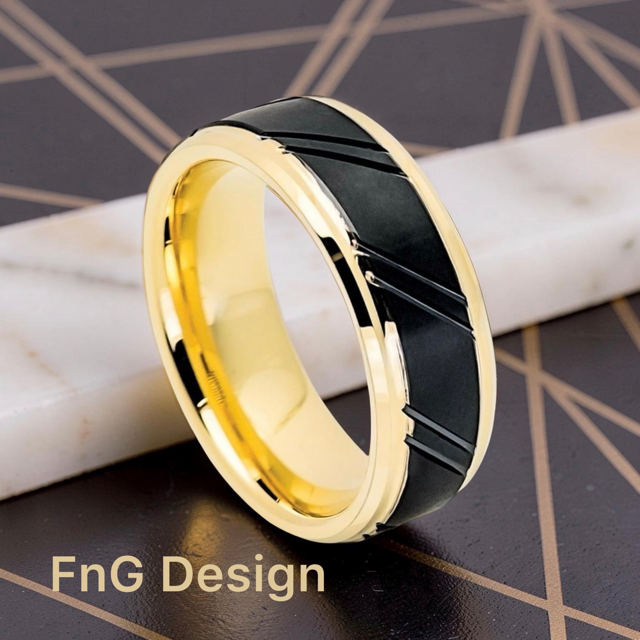 Tungsten Ring Yellow Gold IP Plated Inner Ring Stepped Edge with Black IP Diagonally Grooved Center Brushed Finish – 8mm