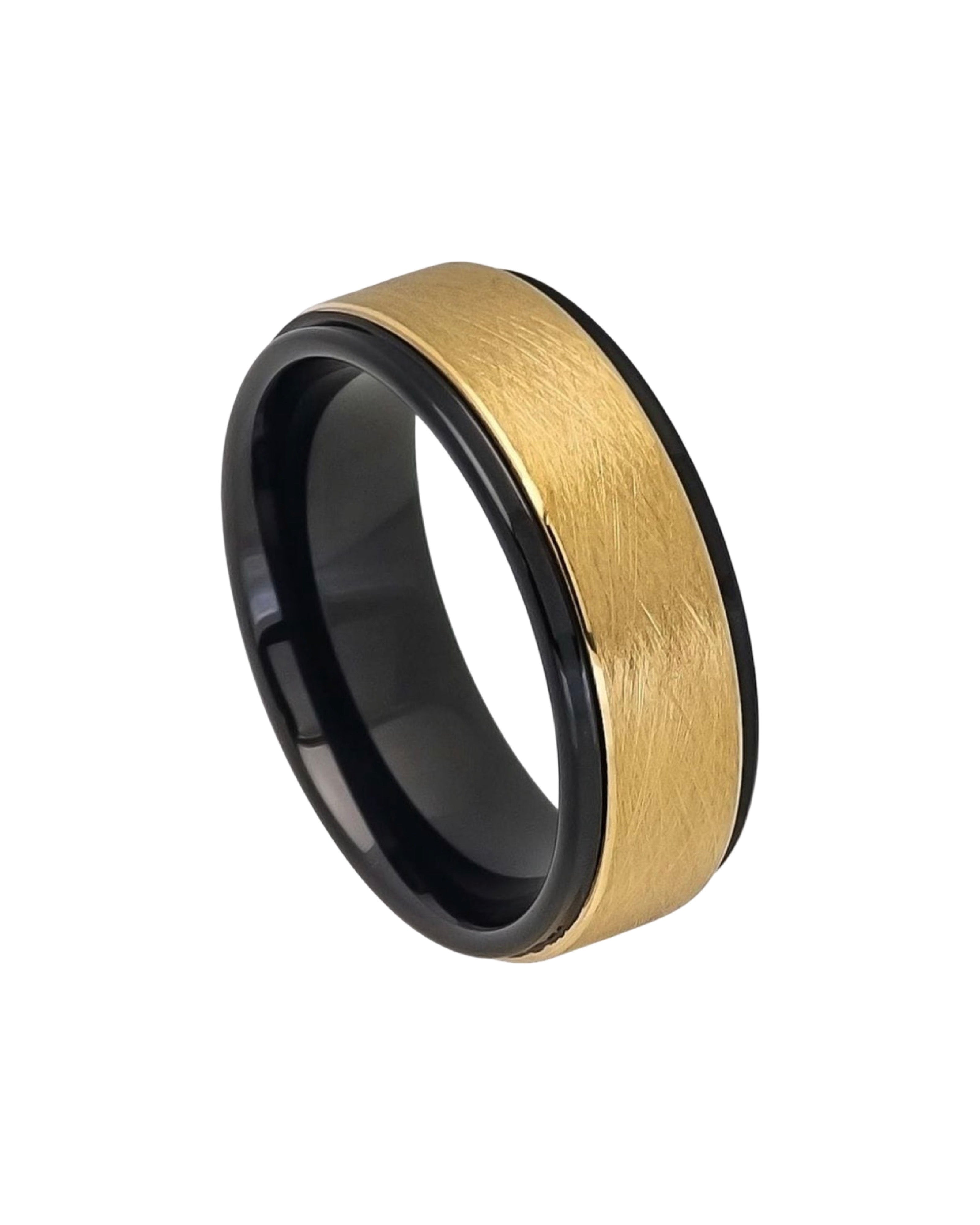 Tungsten Ring Two-tone Black IP Inside Yellow Gold IP Wire Brushed Finish Center Stepped Edge – 8mm