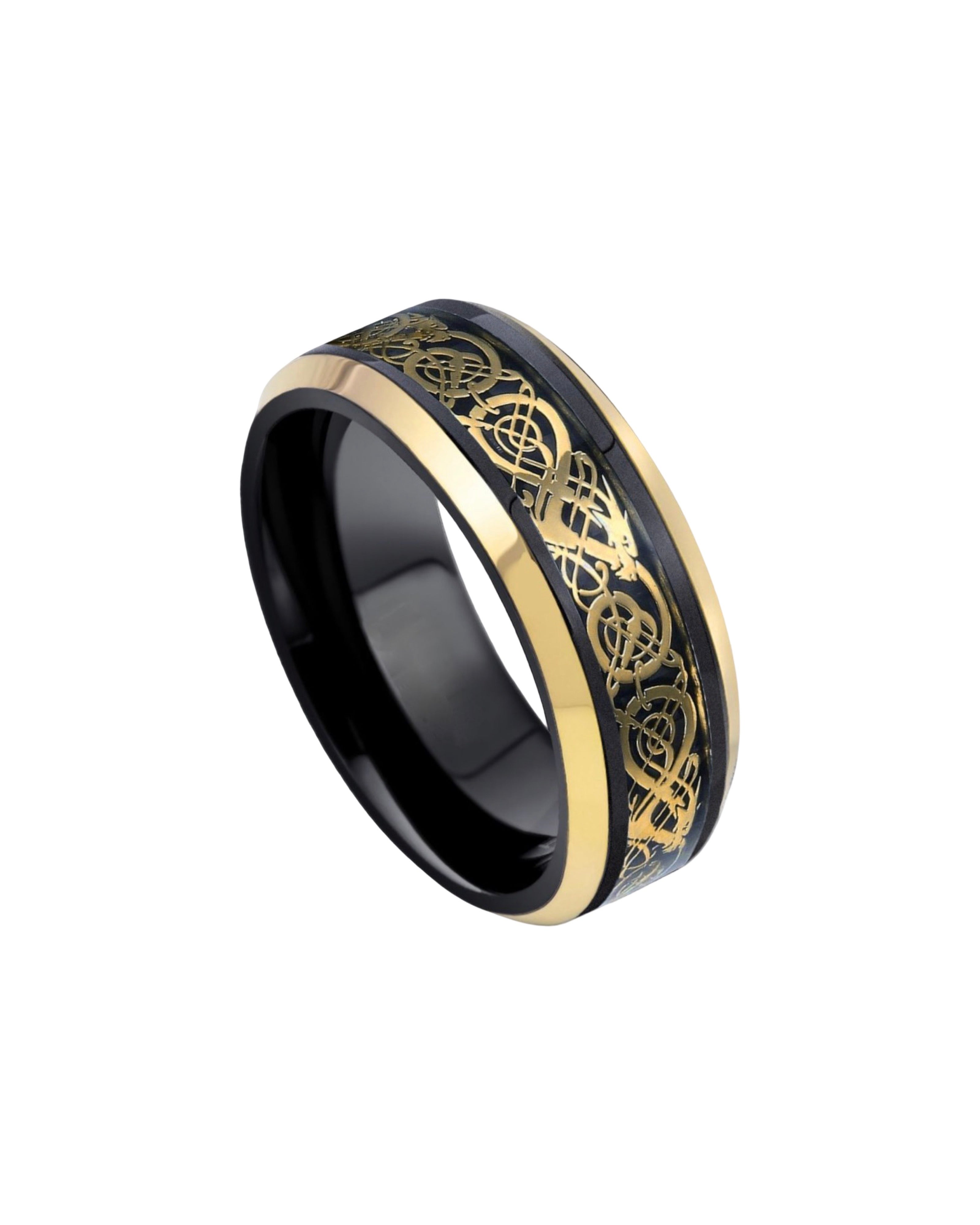 Tungsten Ring Two-tone Black and Yellow Gold IP Plated Celtic Cut-Out Design Inlay and Beveled Edge- 8mm