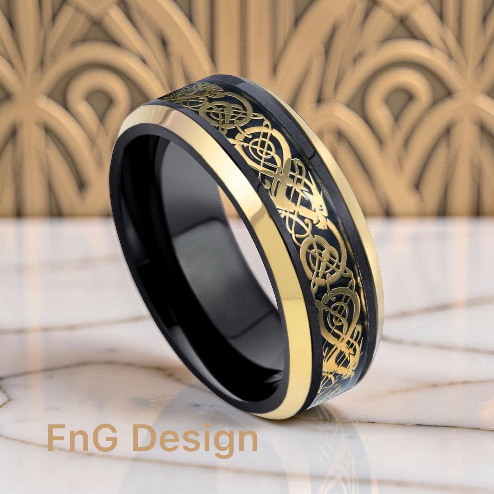 Tungsten Ring Two-tone Black and Yellow Gold IP Plated Celtic Cut-Out Design Inlay and Beveled Edge- 8mm