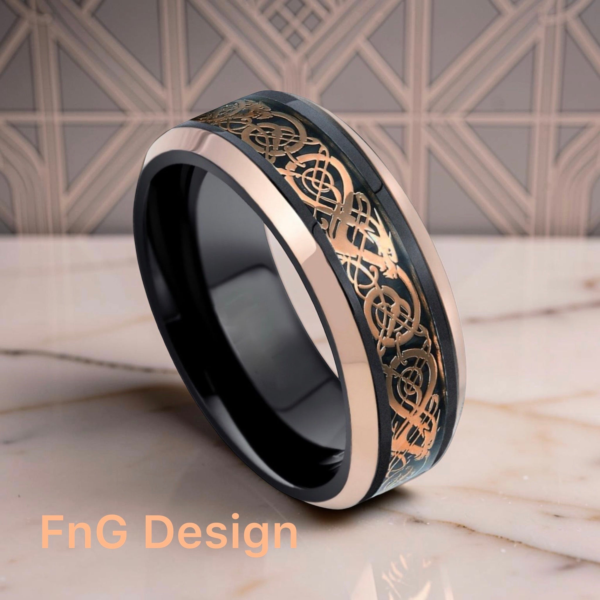 Tungsten Ring Two-tone Black and Rose Gold IP Plated Celtic Dragon Cut-Out Design Inlay and Beveled Edge – 8mm