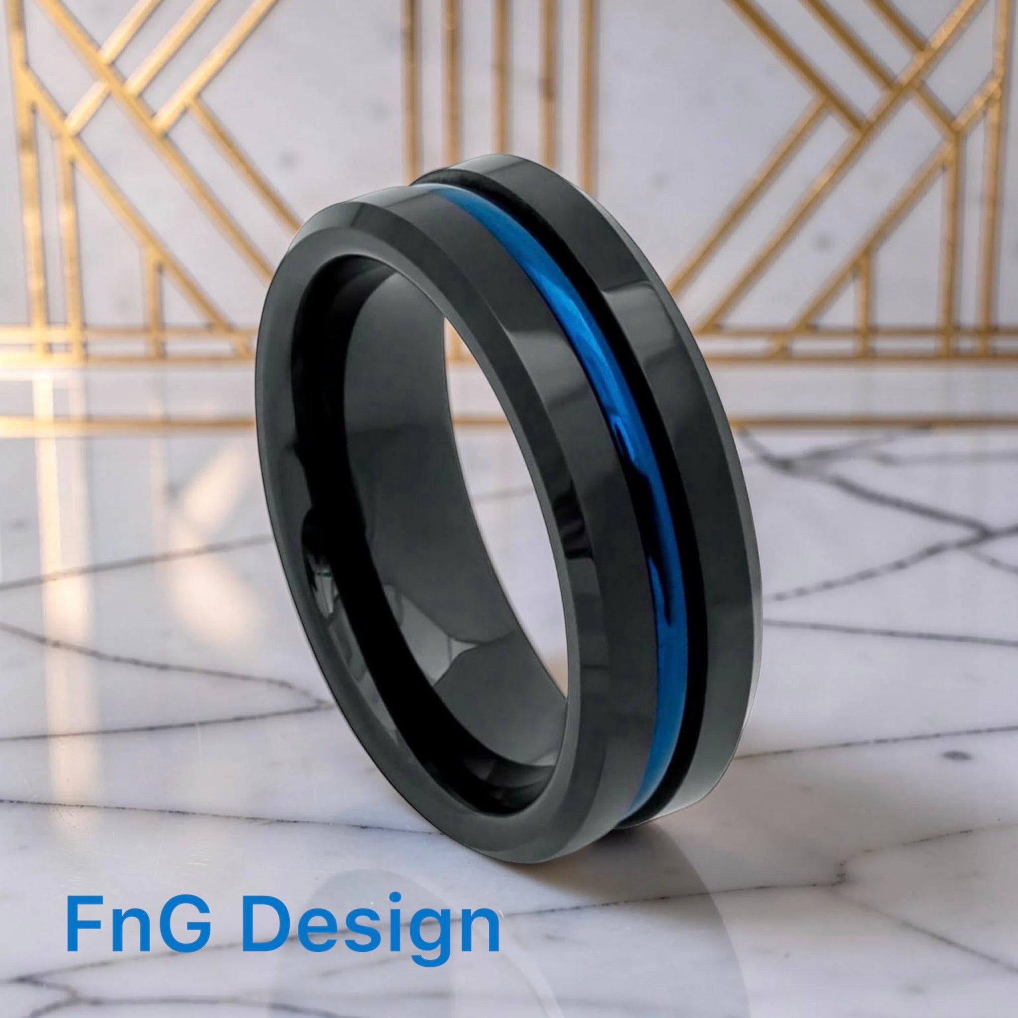 Tungsten Ring High Polished Beveled Edge Black IP Plated Ring with Blue IP Plated Grooved Center – 8mm