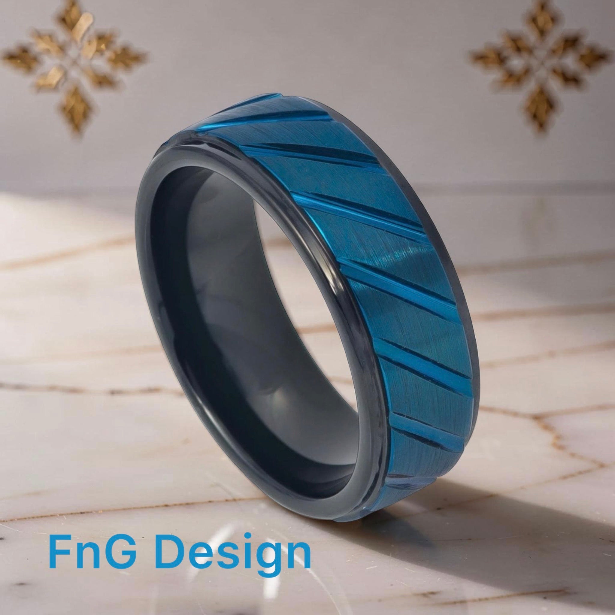 Tungsten Ring Blue IP Plated Diagonally Grooved Finish Center Black IP Inner Ring Stepped Edge – 8mm