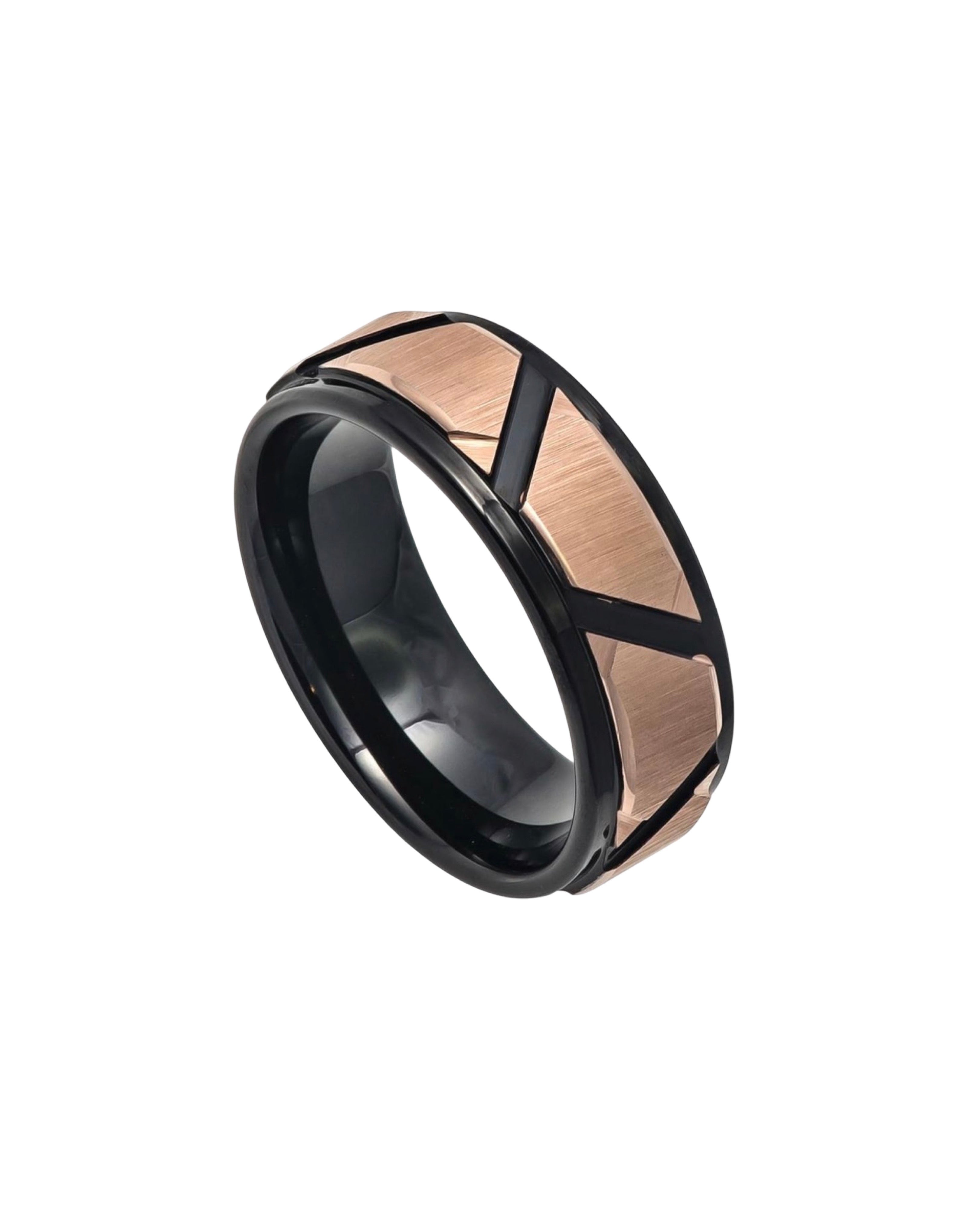 Tungsten Ring Rose Gold IP Brushed Trapezoid Center High Polished Black Gold IP Grooves & Stepped Edge – 8mm