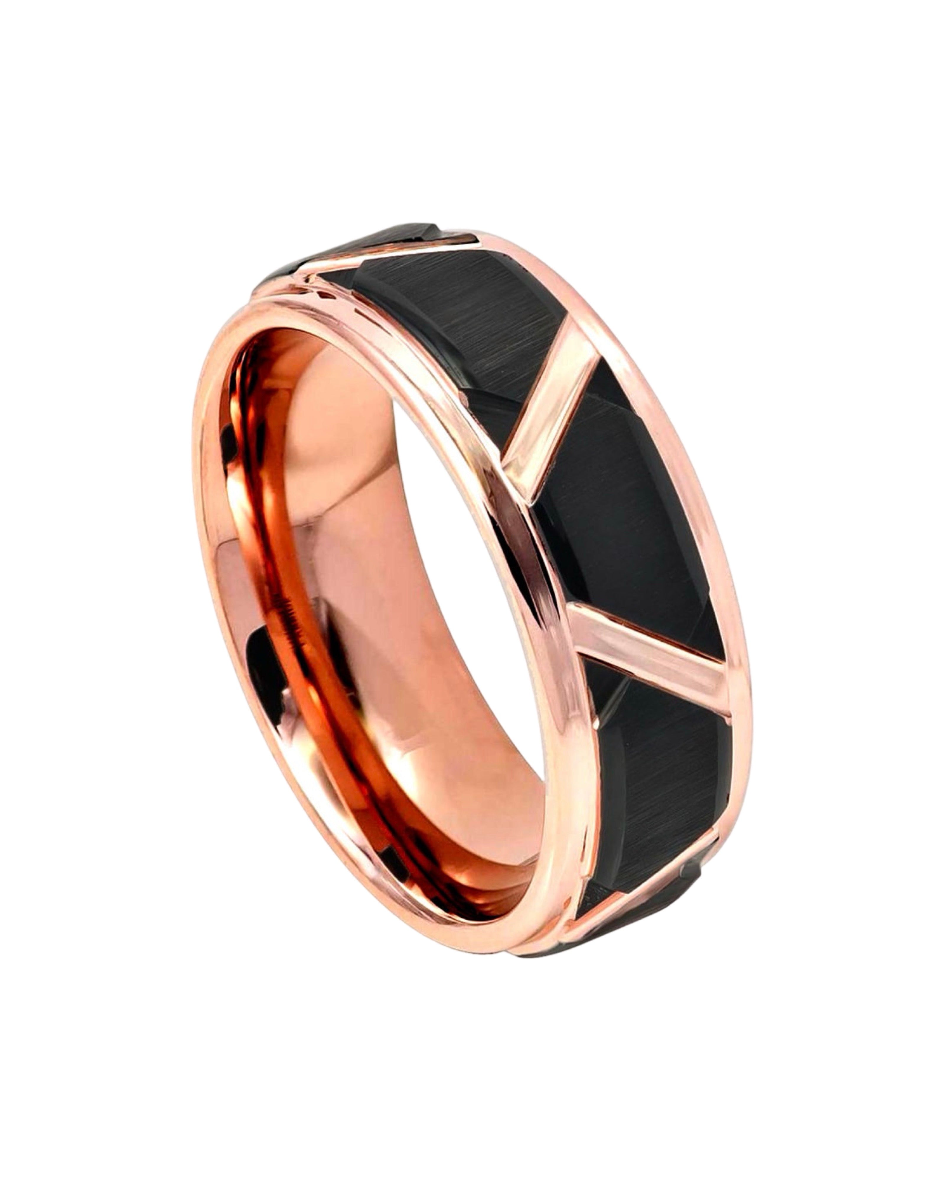 Tungsten Ring Black IP Plated Brushed Trapezoid & Rose Gold IP Grooves & Stepped Edge – 8mm