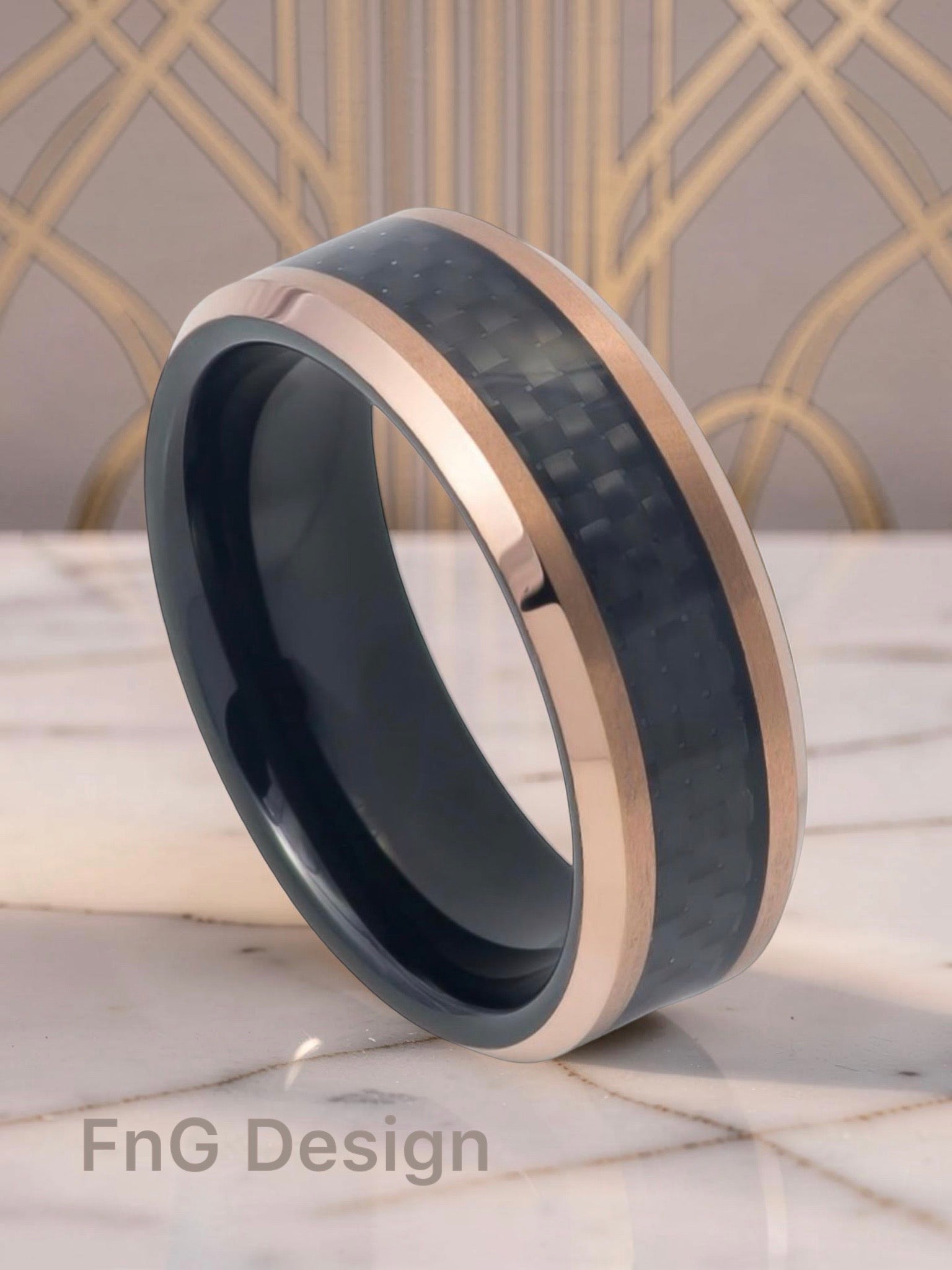 Tungsten Ring Two-tone Black IP Inside Rose Gold IP Finish, Inlayed with Black Carbon Fiber – 8mm