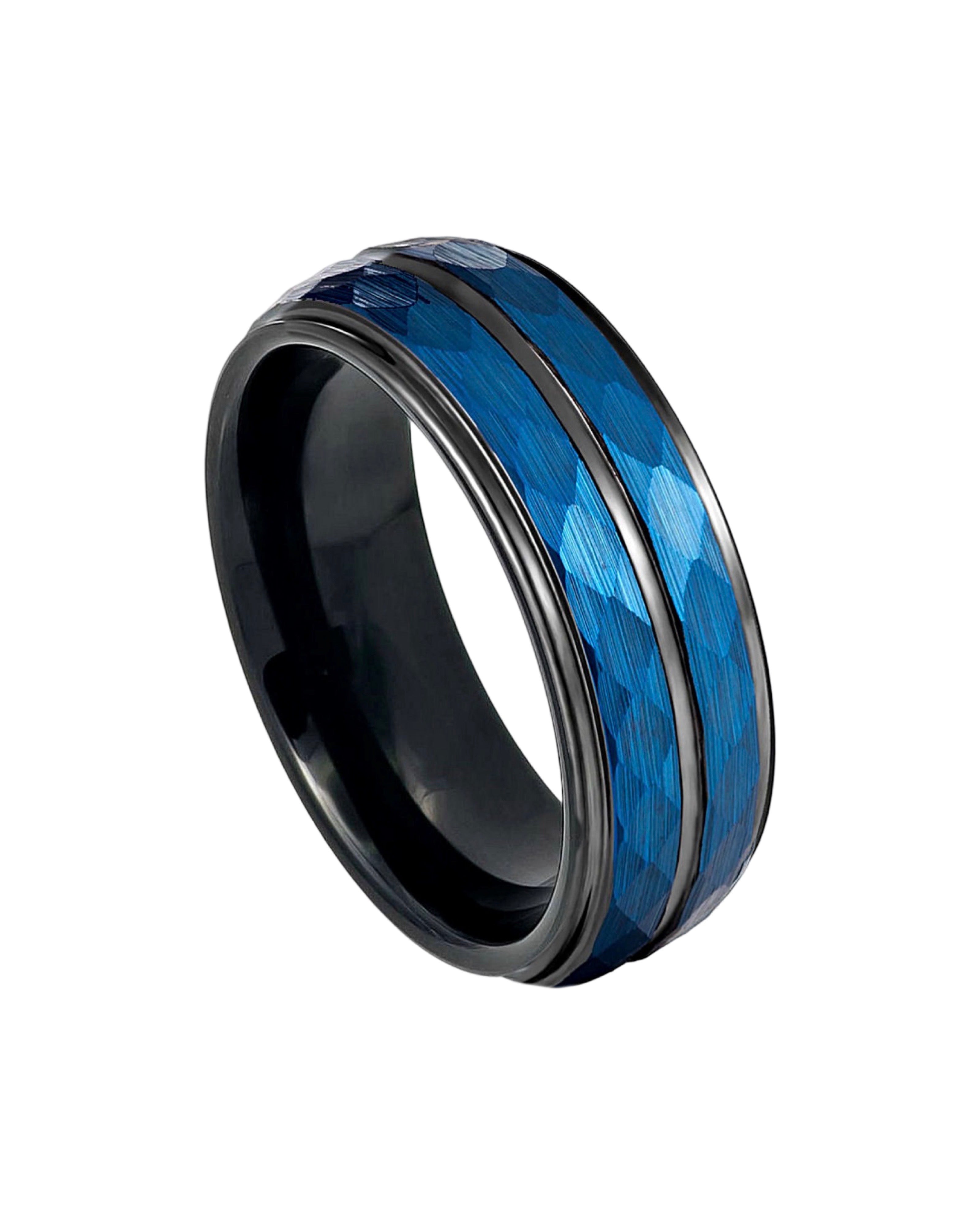 Tungsten Ring Two-tone Blue IP Black IP Plated Hammered Finish High Polished Stepped/Beveled Edge – 8mm