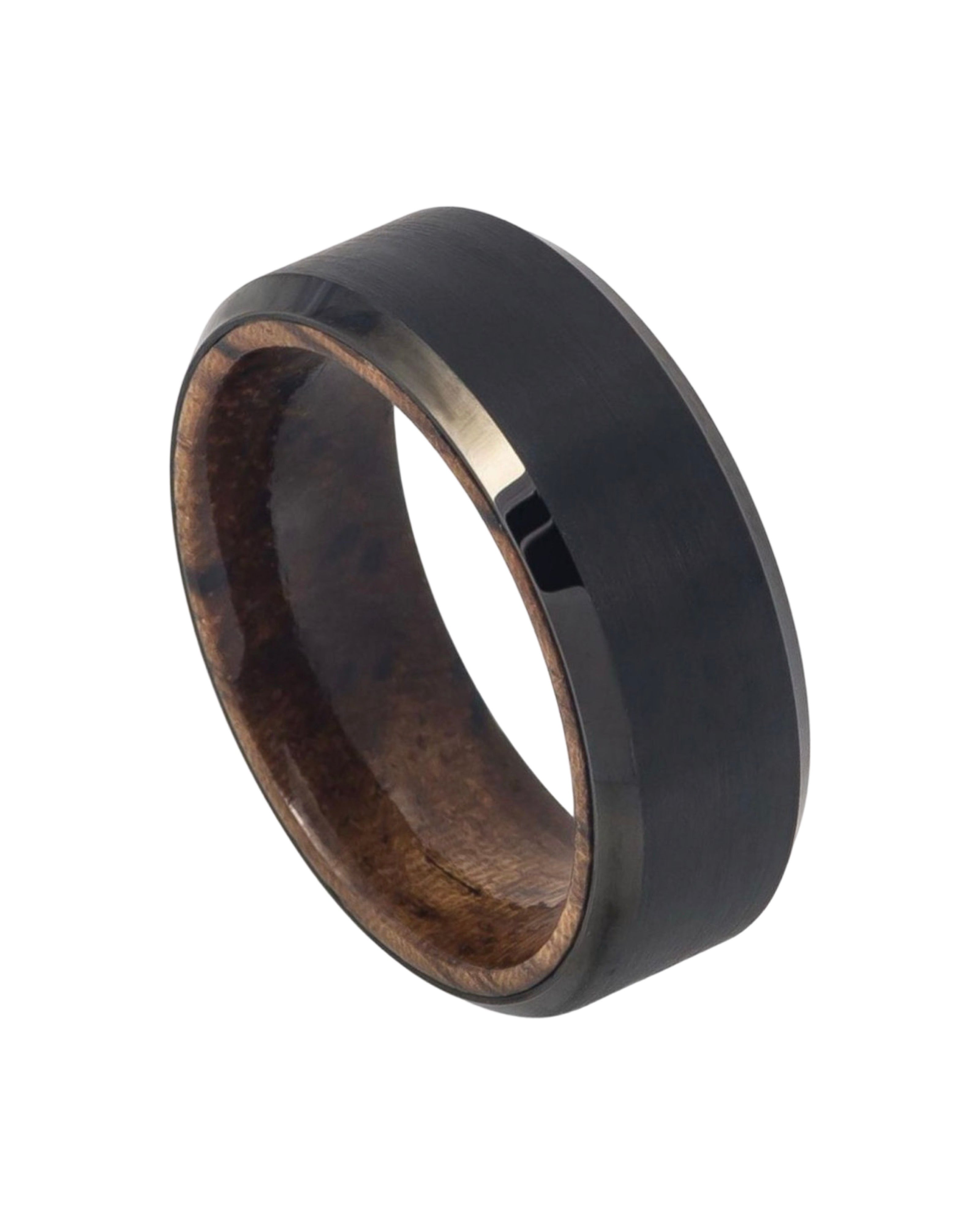 Tungsten Ring Black IP Plated Brushed Finish Beveled Edge with African Sapele Mahogany Wood Sleeve/Inner Ring – 8mm