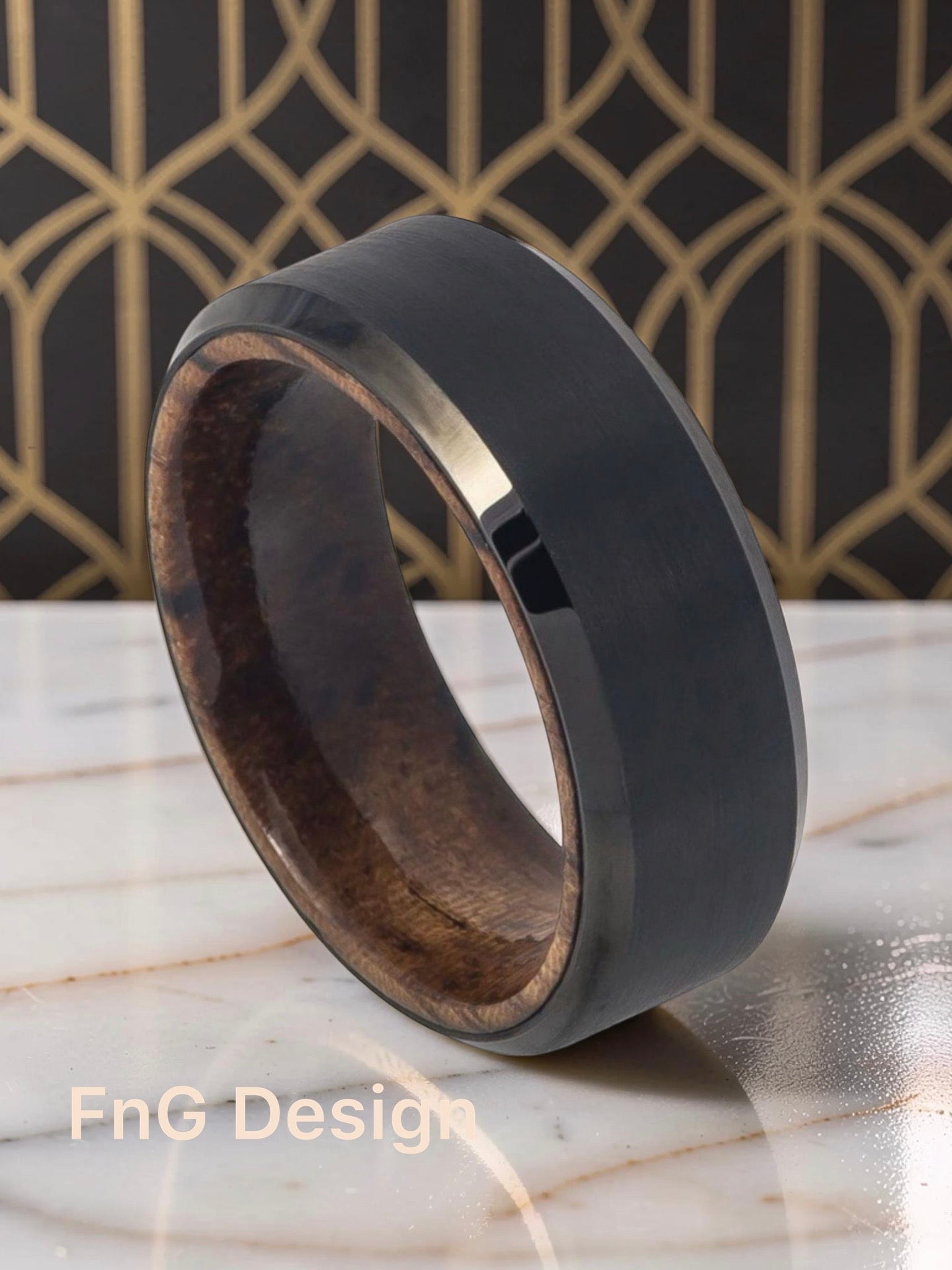 Tungsten Ring Black IP Plated Brushed Finish Beveled Edge with African Sapele Mahogany Wood Sleeve/Inner Ring – 8mm