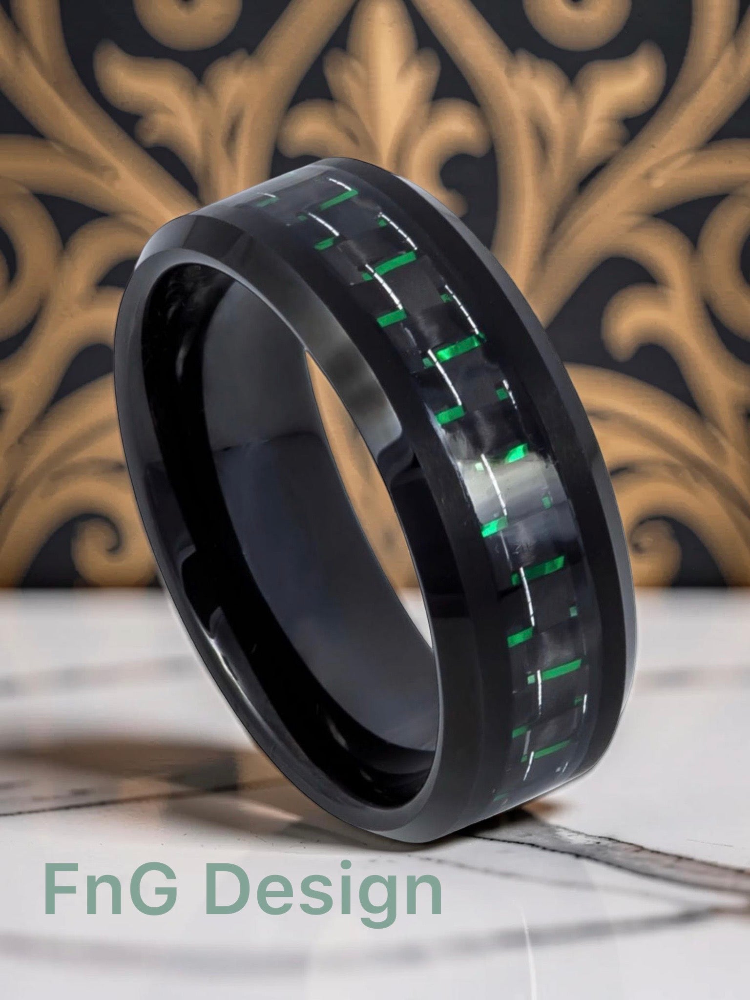 Tungsten Ring Beveled Edge Black IP Plated with Green and Black Carbon Fiber Inlay – 8mm