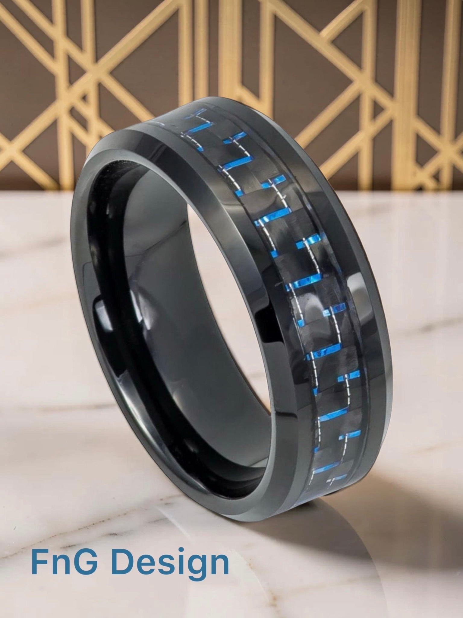 Tungsten Ring Beveled Edge Black IP Plated with Blue and Black Carbon Fiber Inlay – 8mm