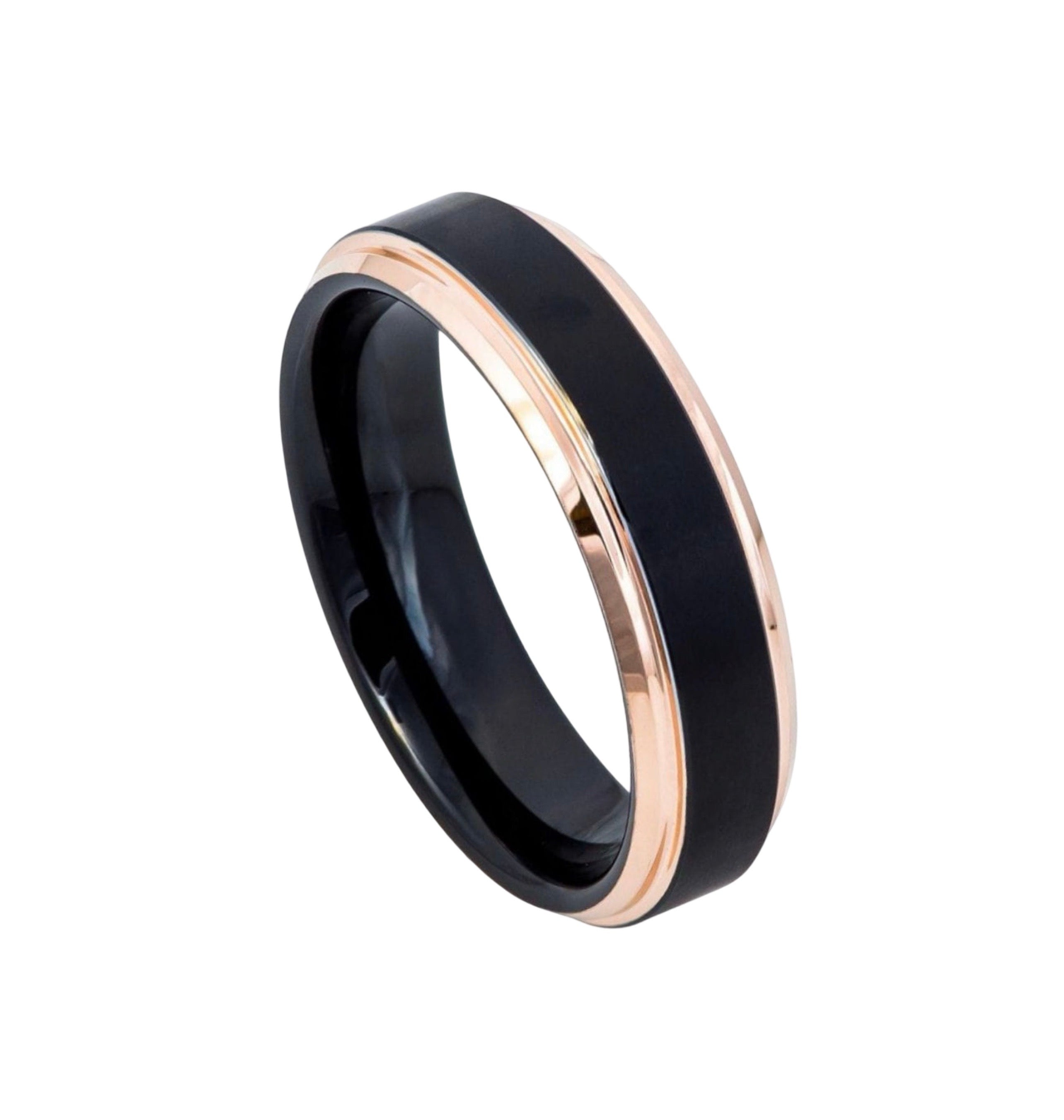 Tungsten Ring Two-Tone Black IP Rose Gold IP Brushed Center Stepped Edge – 6mm