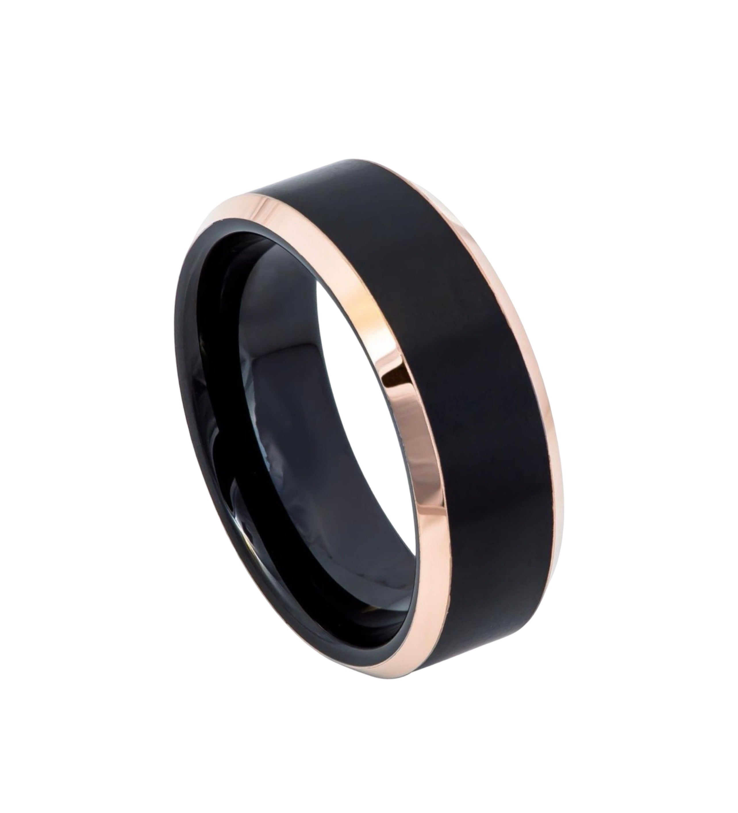 Tungsten Ring Two-Tone Black IP Rose Gold IP Brushed Center Beveled Edge – 8mm