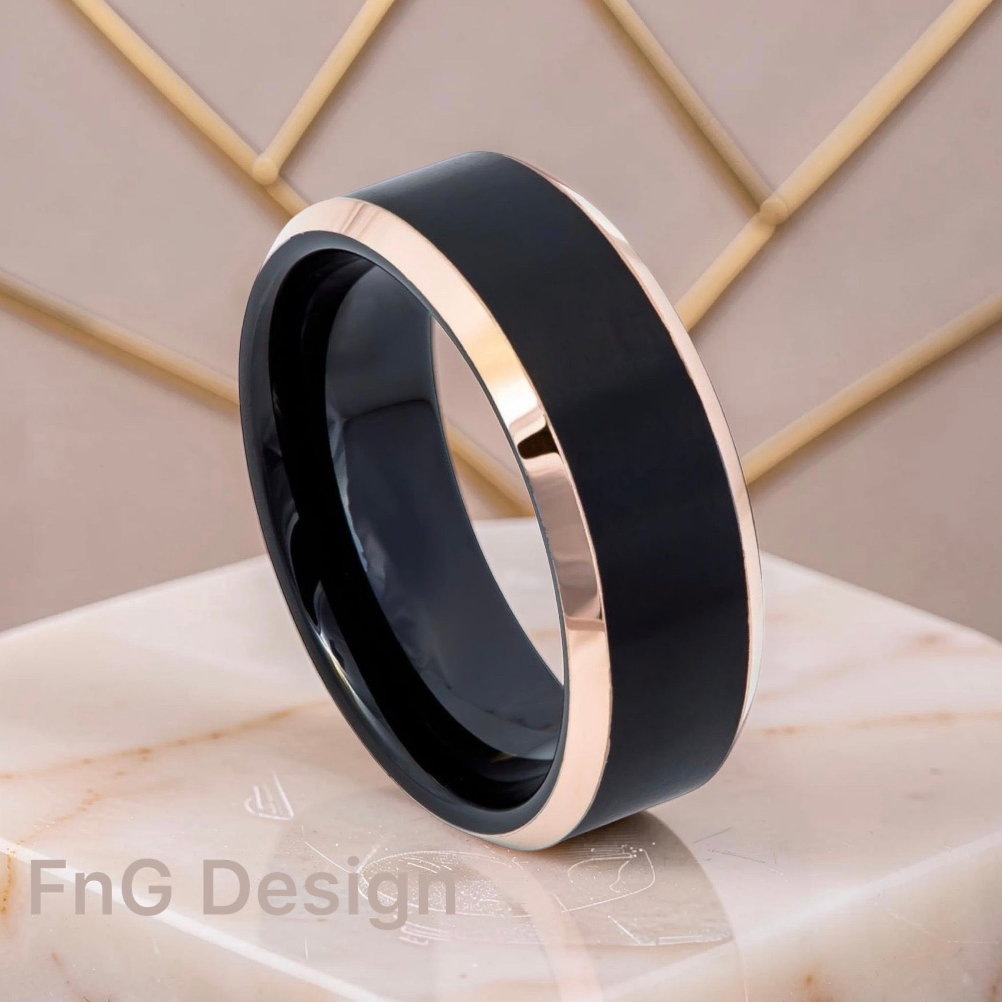 Tungsten Ring Two-Tone Black IP Rose Gold IP Brushed Center Beveled Edge – 8mm