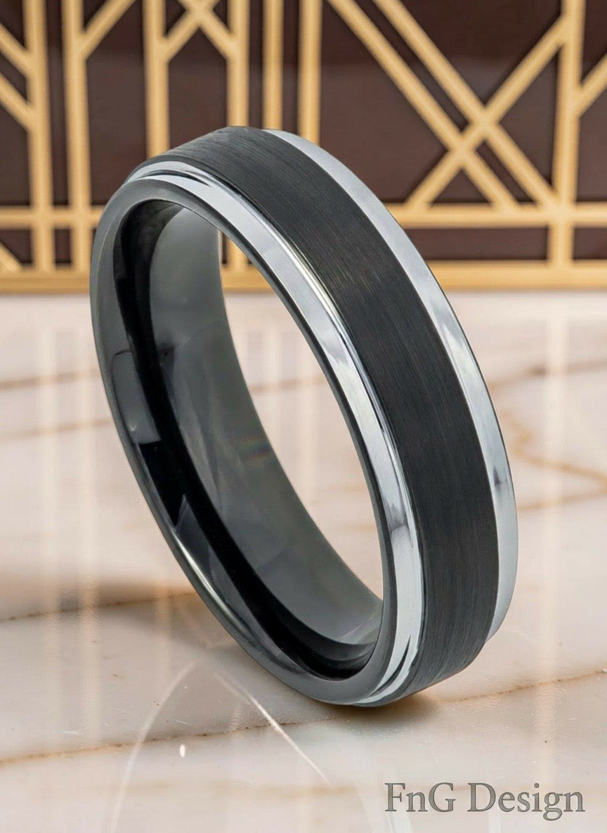 Tungsten Ring Two-tone Black IP Brushed Center Steel Color Stepped Edge – 6mm