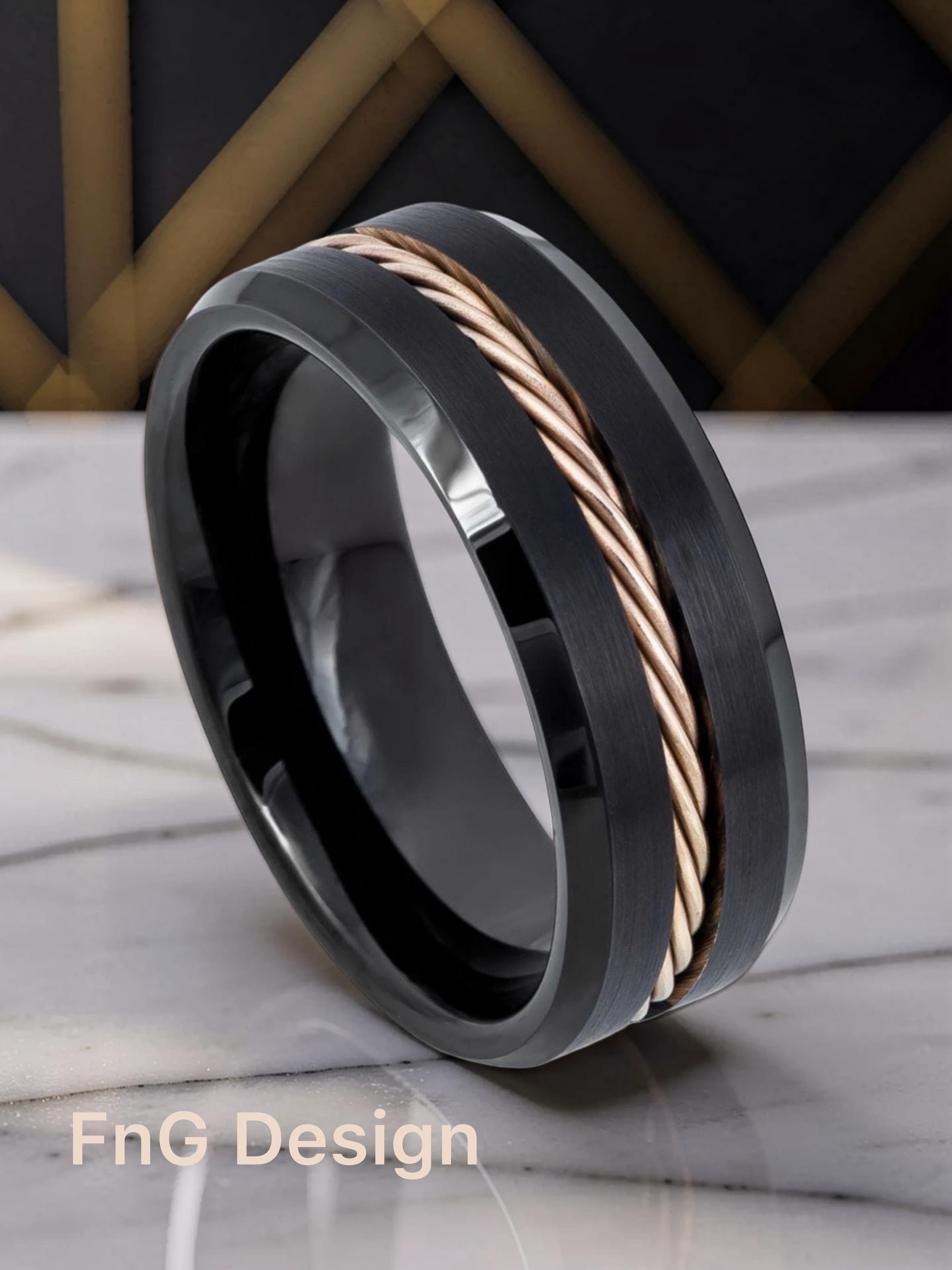 Tungsten Ring Black IP Beveled Edge with Rose Gold IP Plated Rope Inlay – 8mm