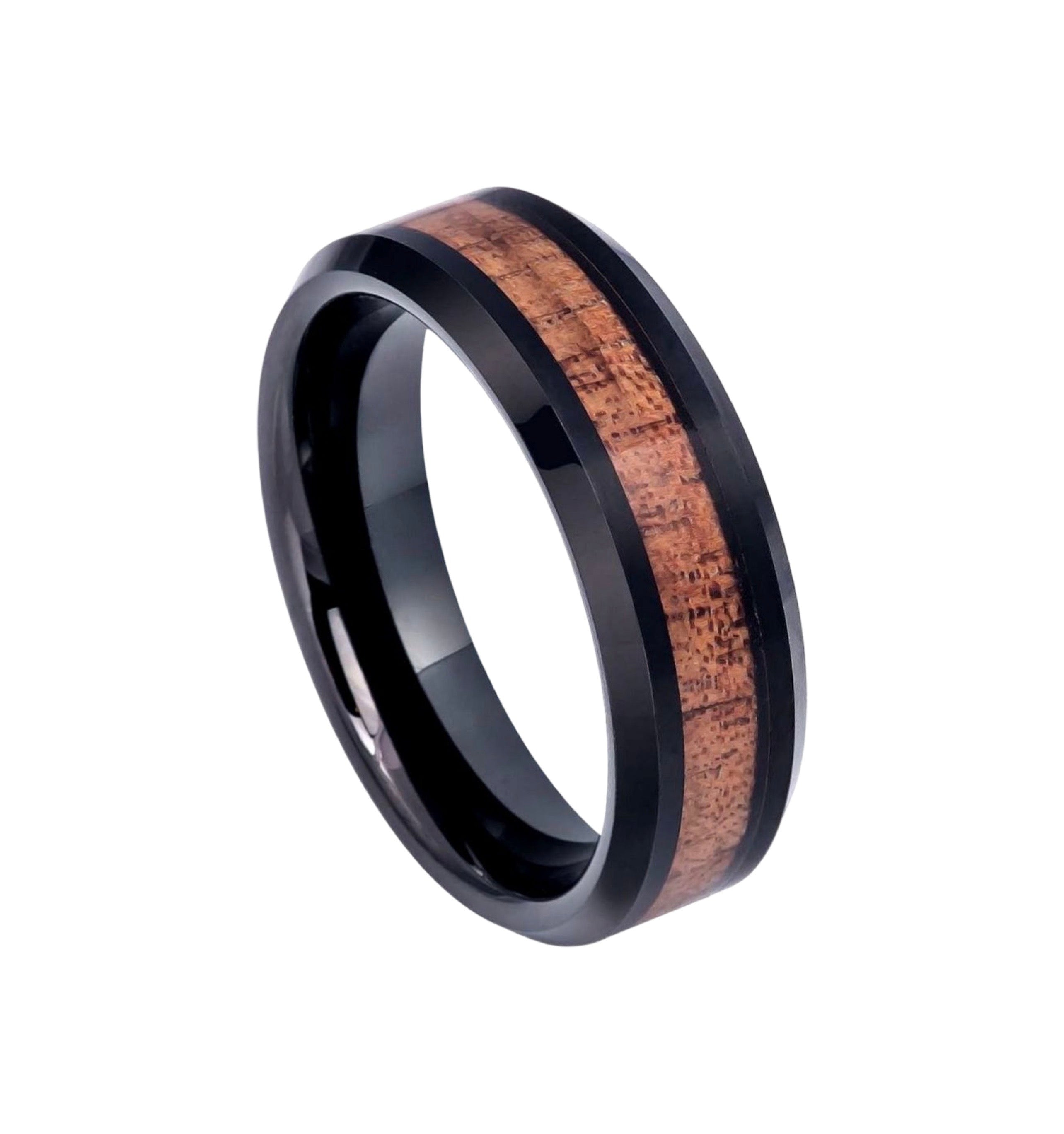 Tungsten Ring Black IP Plated with Hawaiian Koa Wood Inlay, Beveled Edge – 6mm