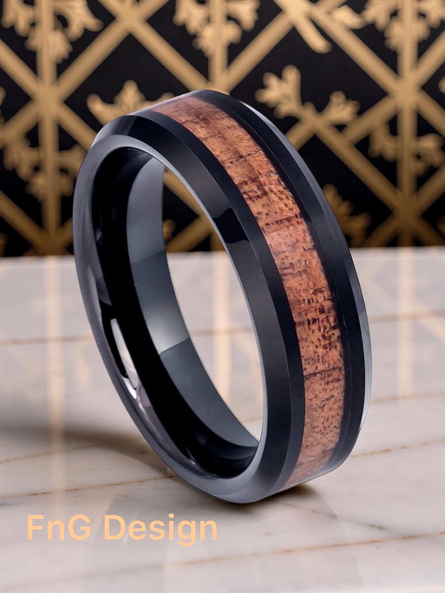 Tungsten Ring Black IP Plated with Hawaiian Koa Wood Inlay, Beveled Edge – 6mm