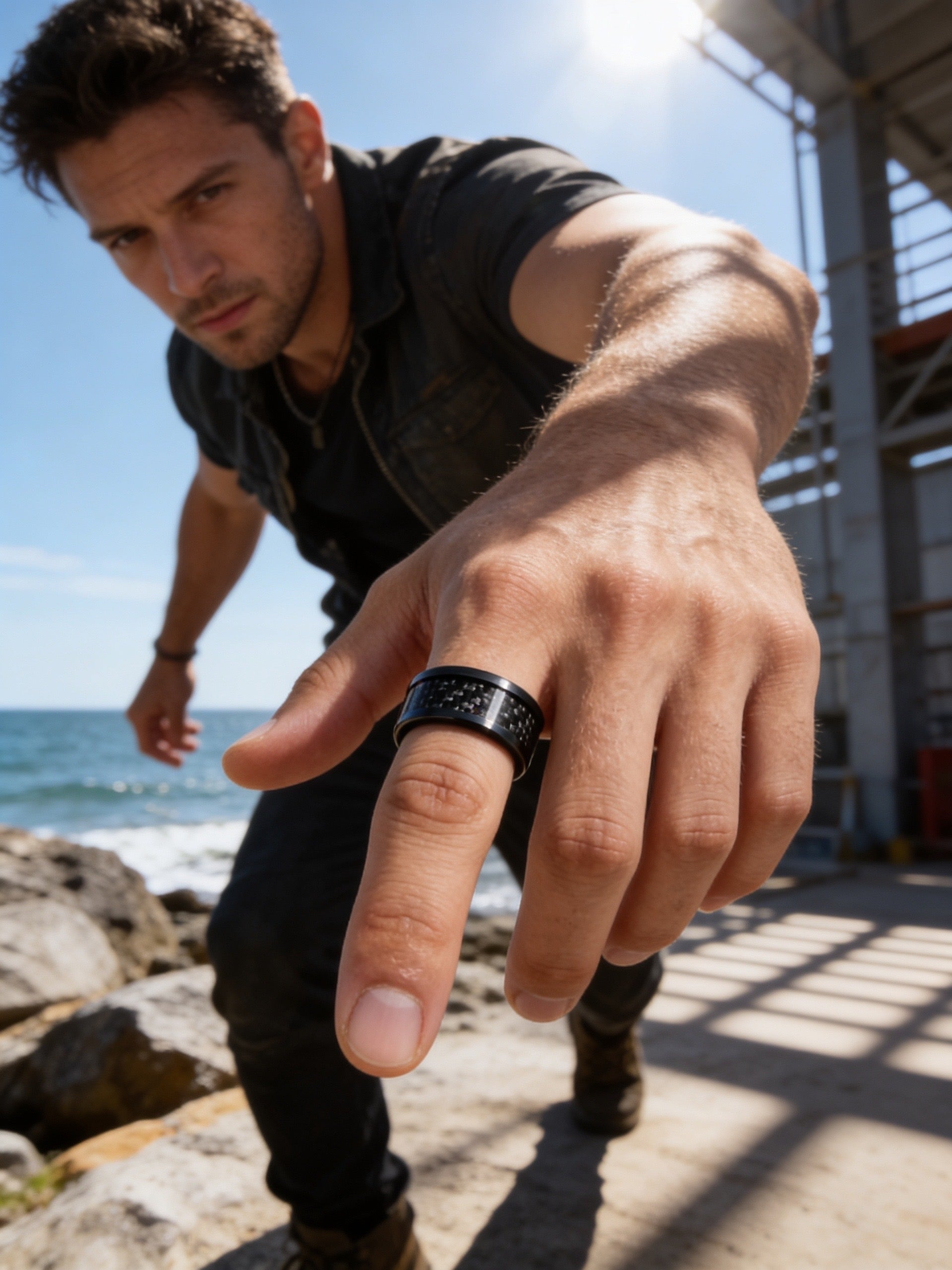 Tungsten Ring High Polished Black IP Plated with Black Carbon Fiber Inlay Beveled Edge – 6mm