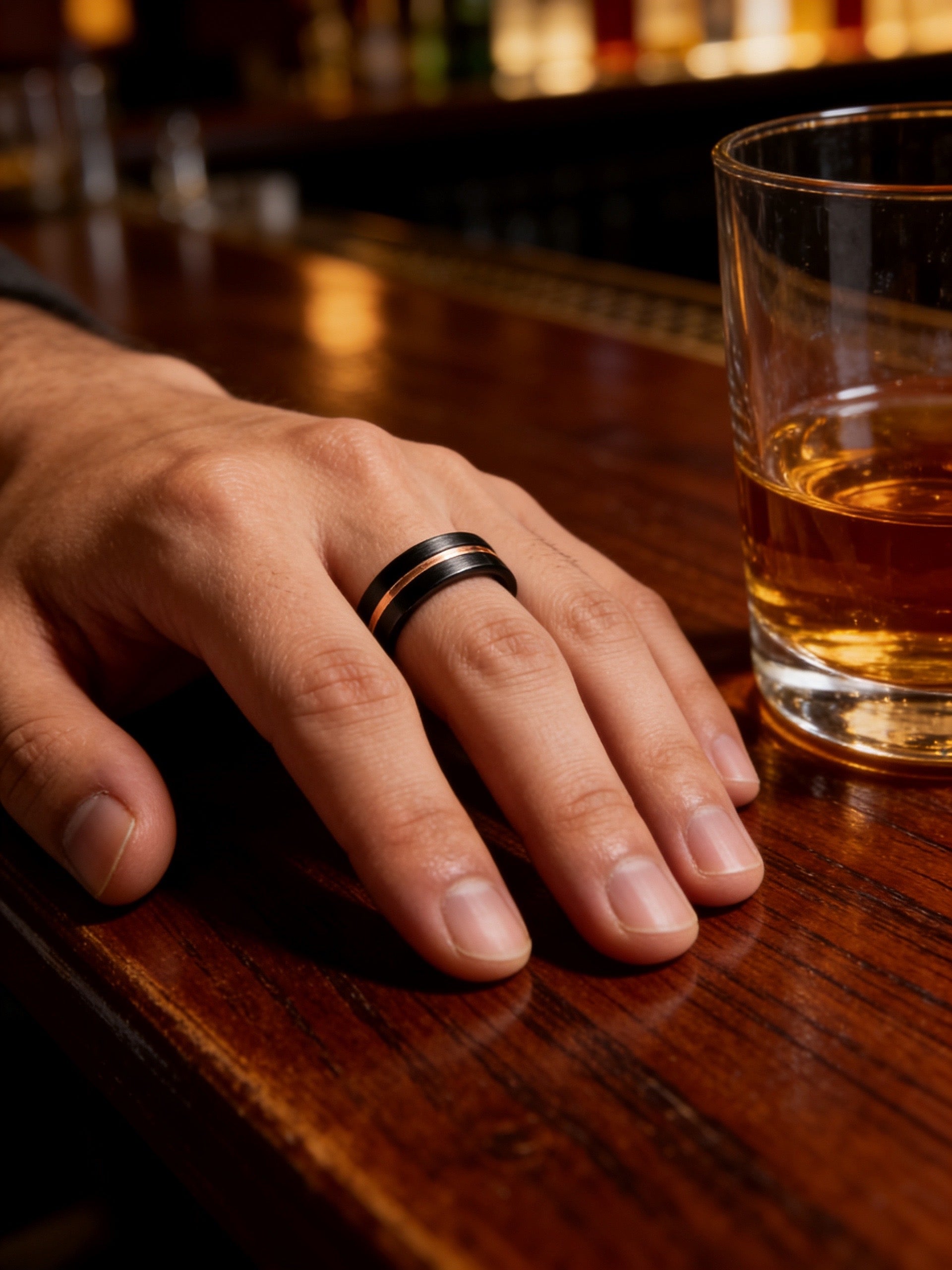 Tungsten Ring Black IP Brushed Pipe-cut with Off-center Rose Gold IP Groove – 8mm