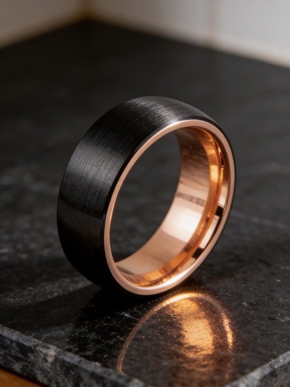 Tungsten Ring Two-tone Rose Gold IP and Brushed Black IP Plated Dome – 8mm